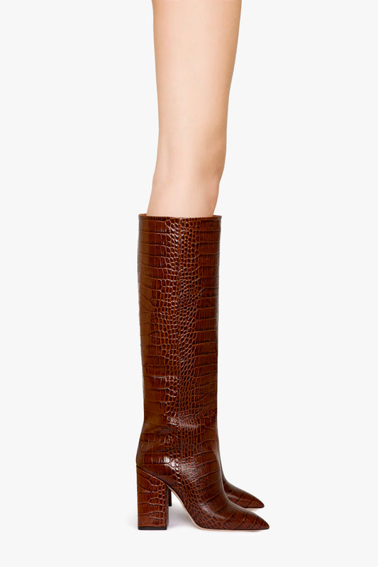 Chocolate brown croc-effect leather boots - Product worn