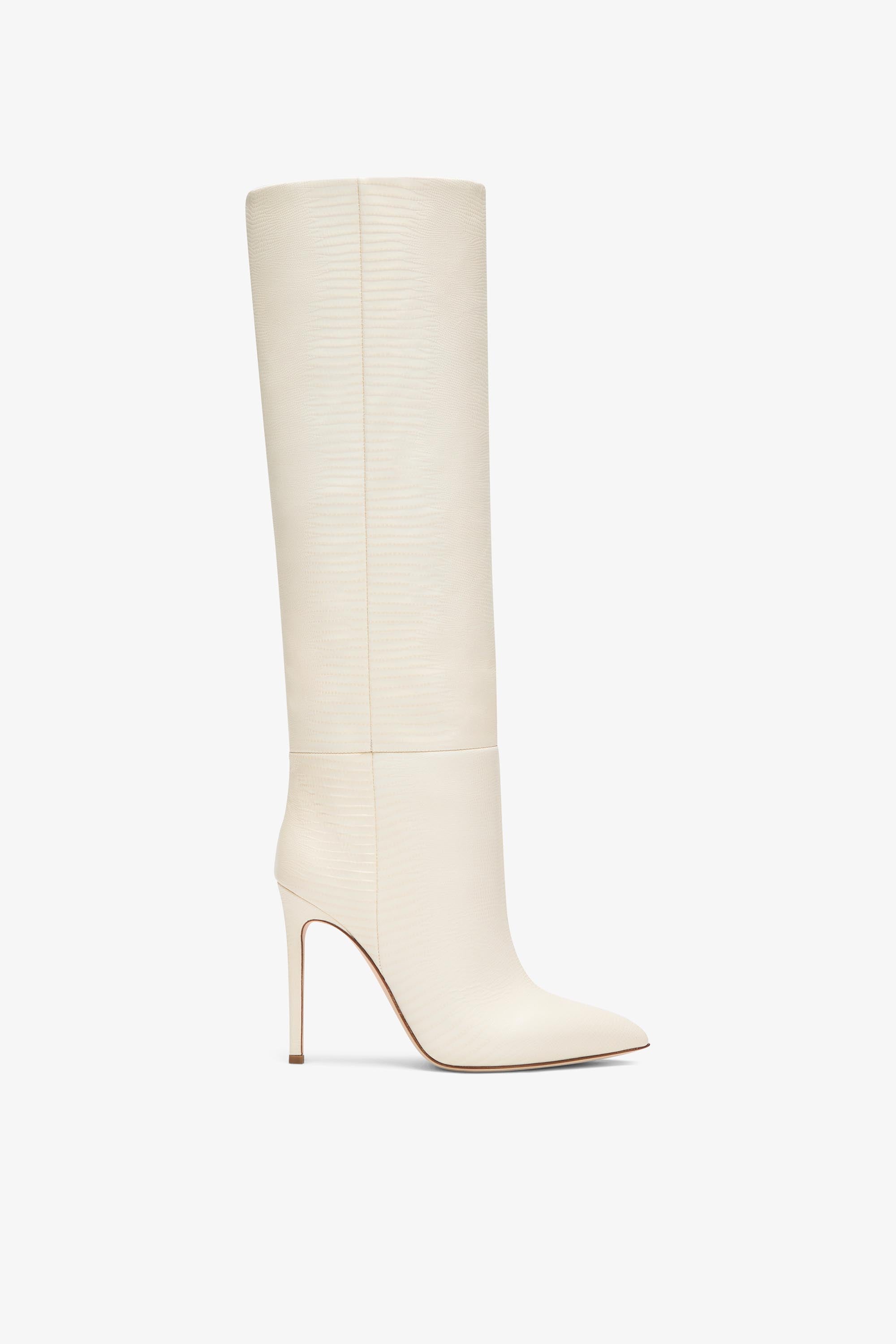 Vanilla white lizard-effect leather stiletto boots