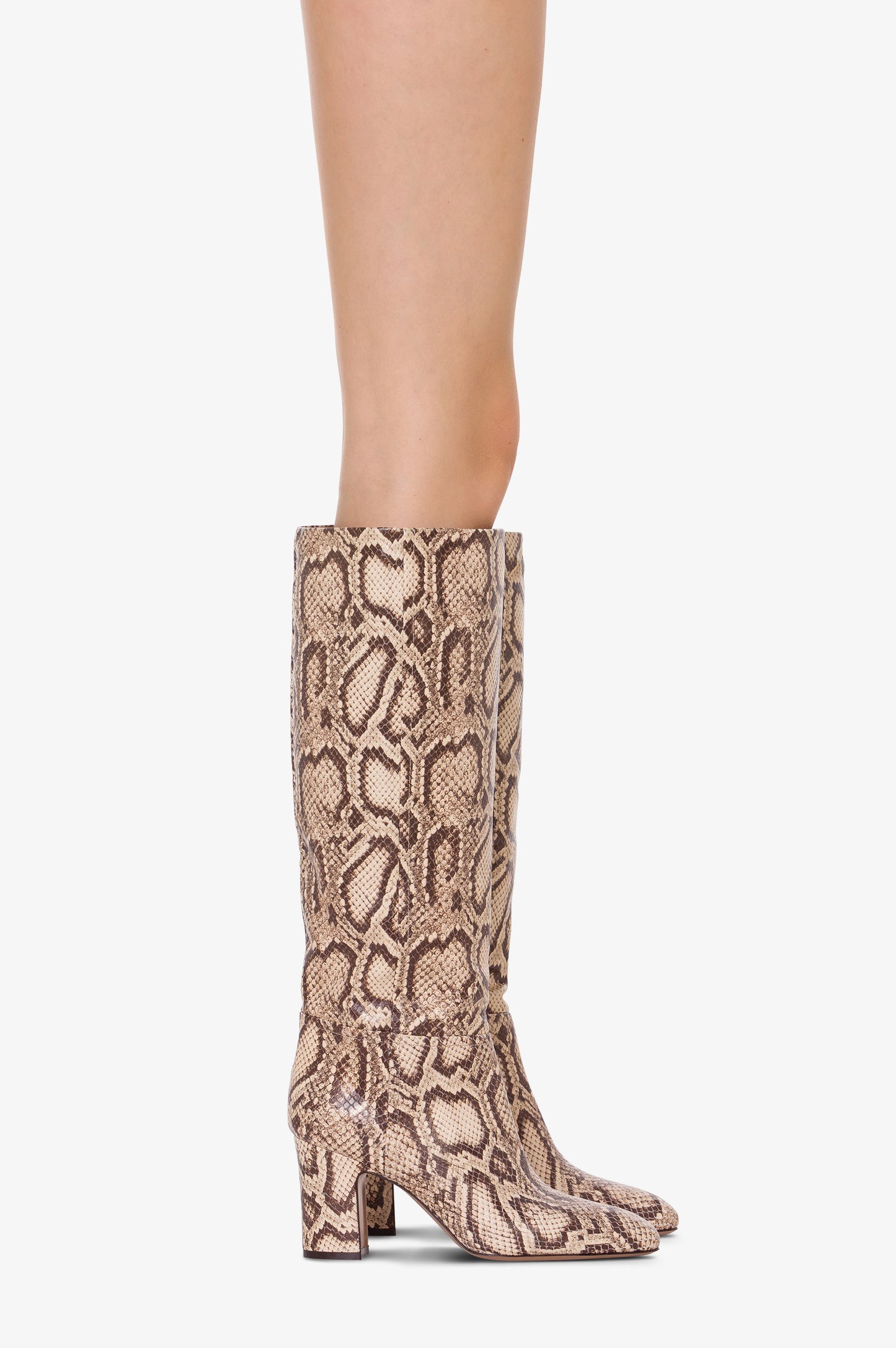 Bottes en cuir imprime python blanc et marron fonce
