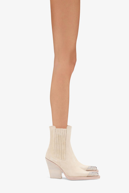 Off white calf suede ankle boots with metallic toe - Product worn