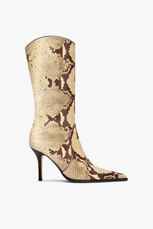 Python-effect pale yellow leather boot