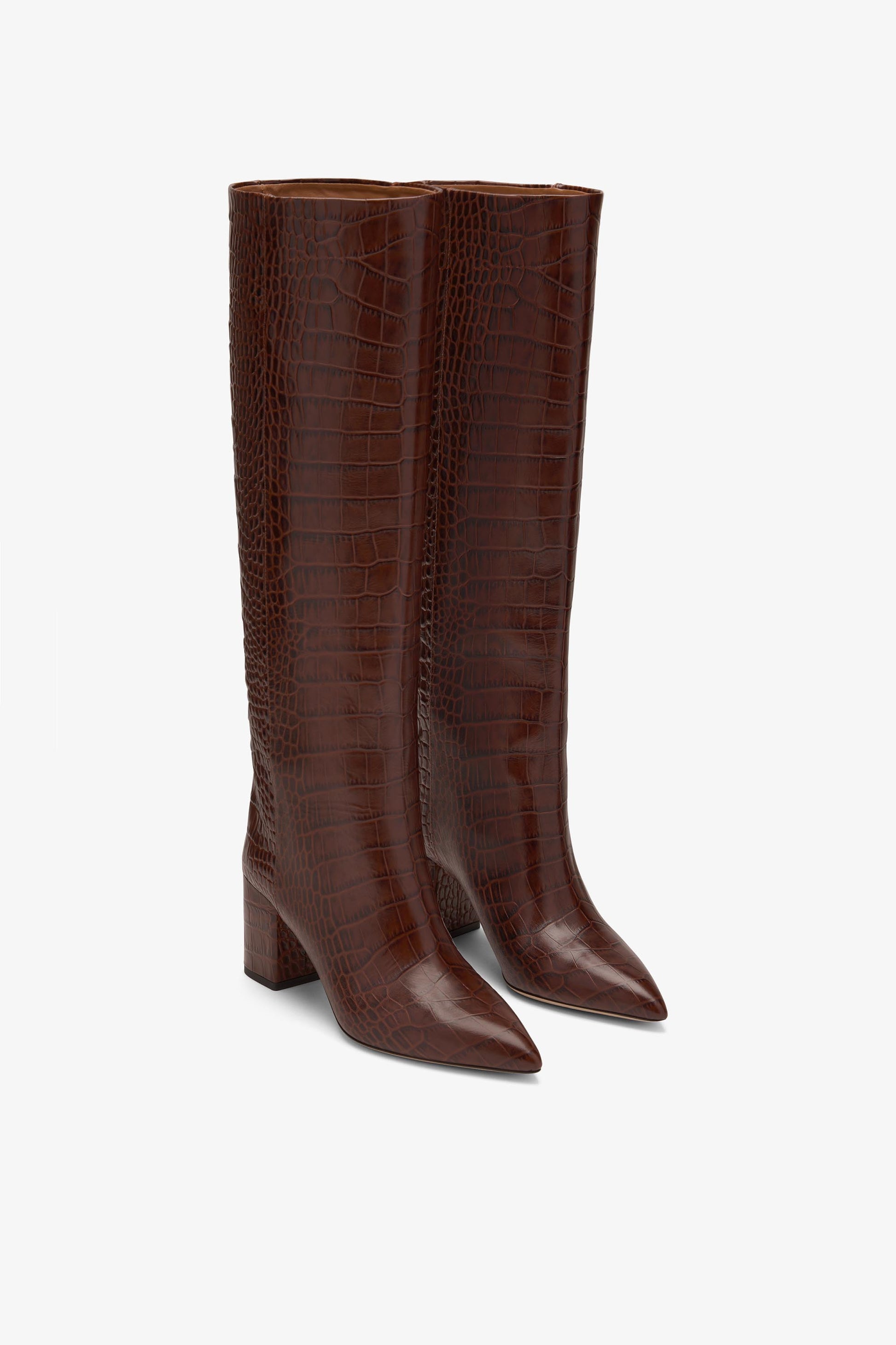 Chocolate brown croc-effect leather heel 70 boots