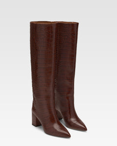 Bottes `a talon 70 en cuir effet croco marron chocolat