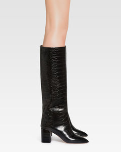 Schwarze Lederstiefel in Kroko-Optik mit 70 mm-Absatz