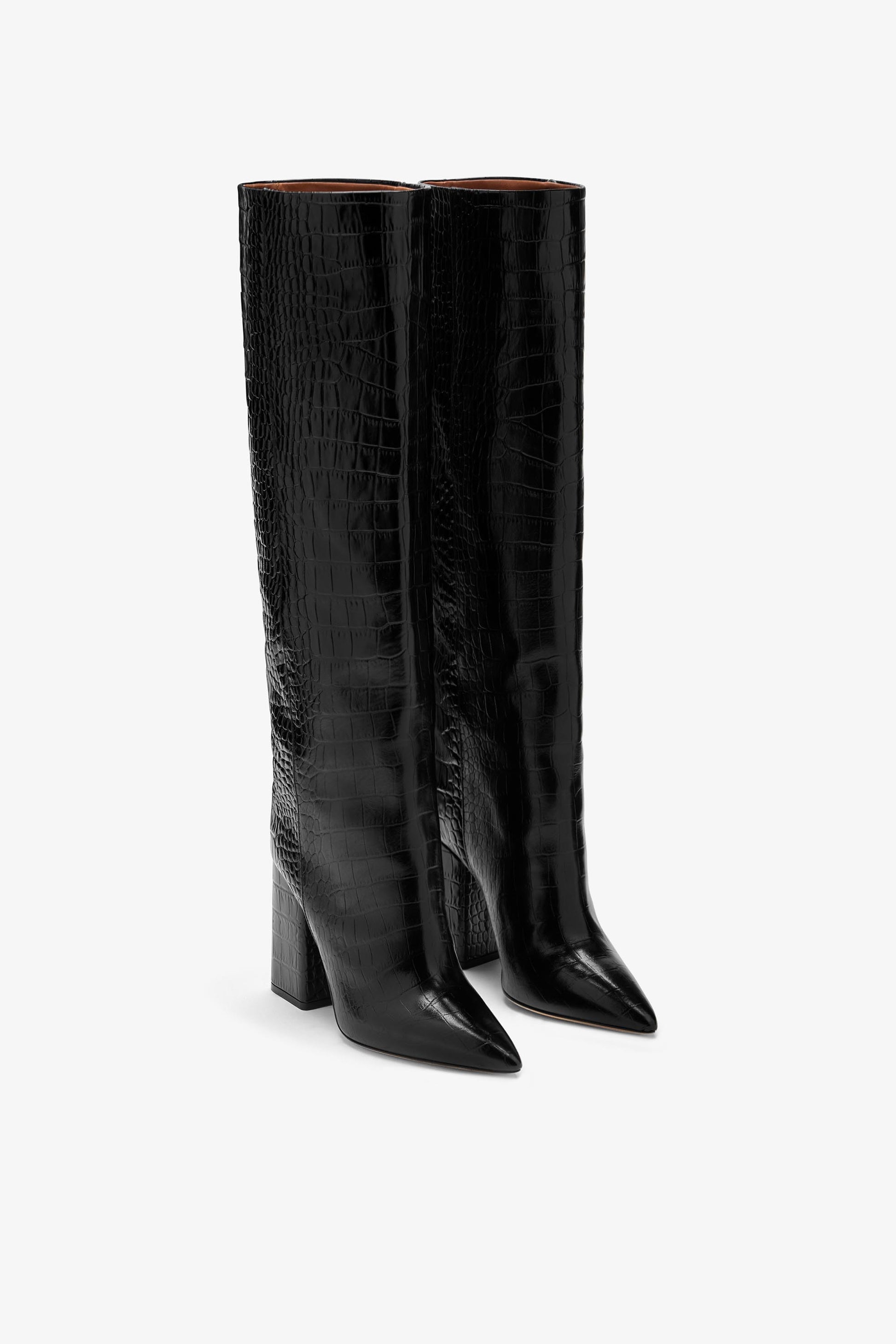 Black croc-effect leather boots
