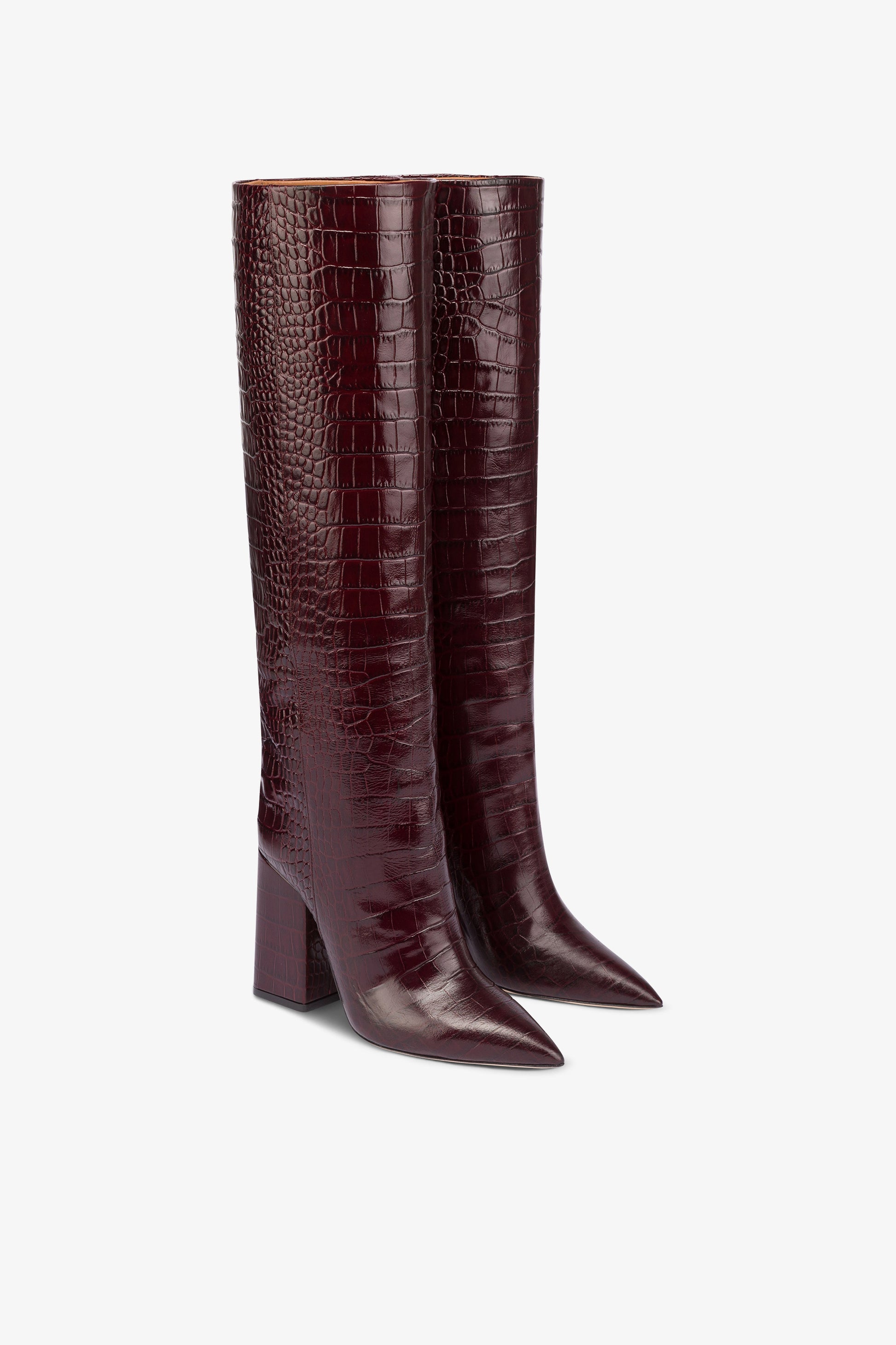 Knee-high boots in rouge noir soft croco-embossed leather