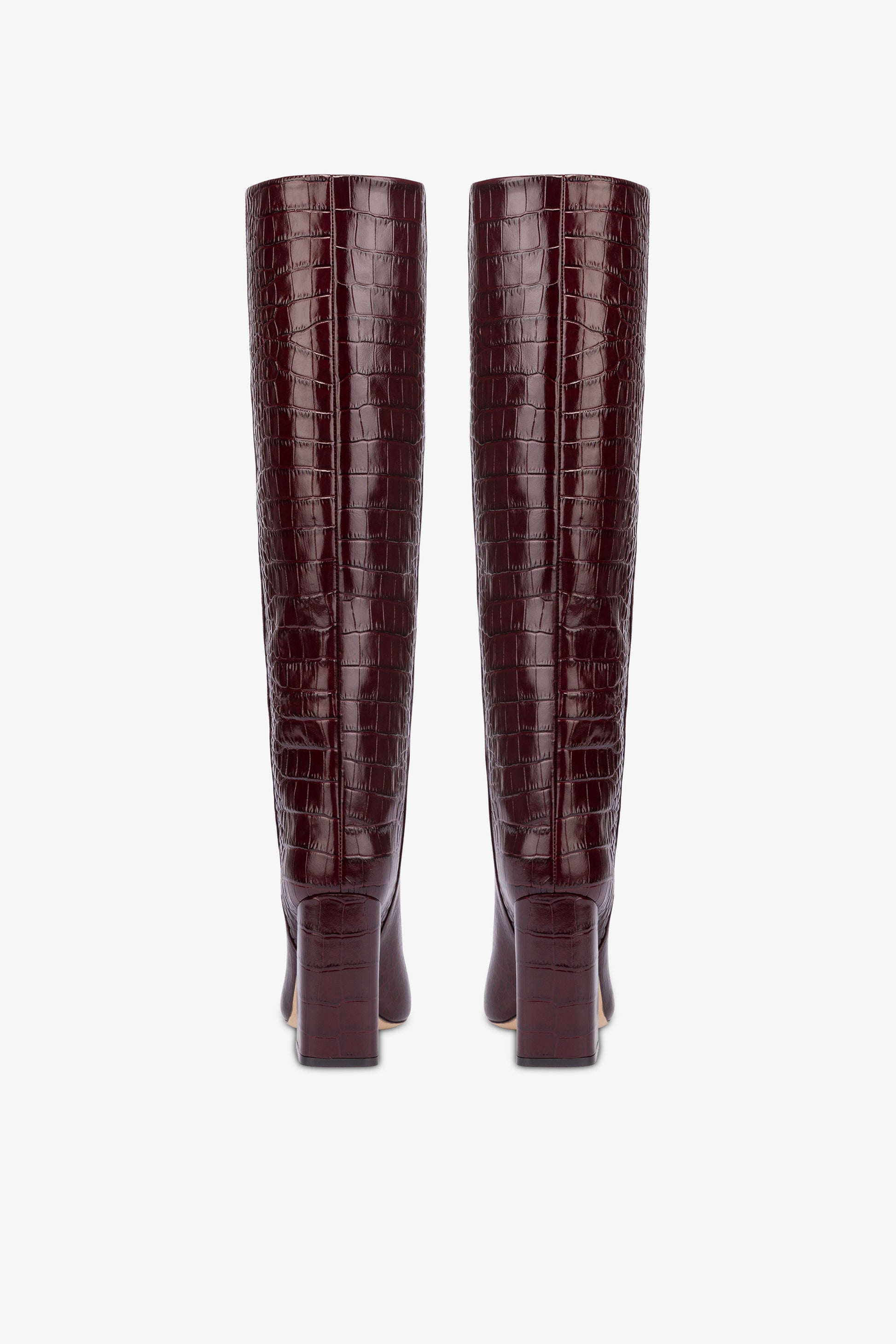 Knee-high boots in rouge noir soft croco-embossed leather