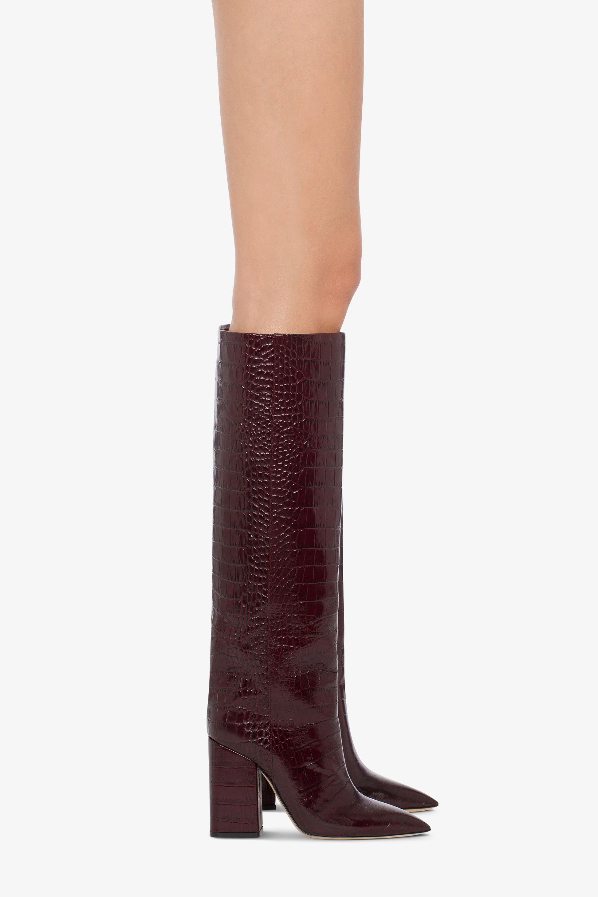 Knee-high boots in rouge noir soft croco-embossed leather - Product worn