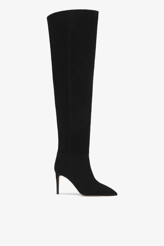 Overknee-Stiefel aus schwarzem Kalbsveloursleder mit 85 mm-Absatz