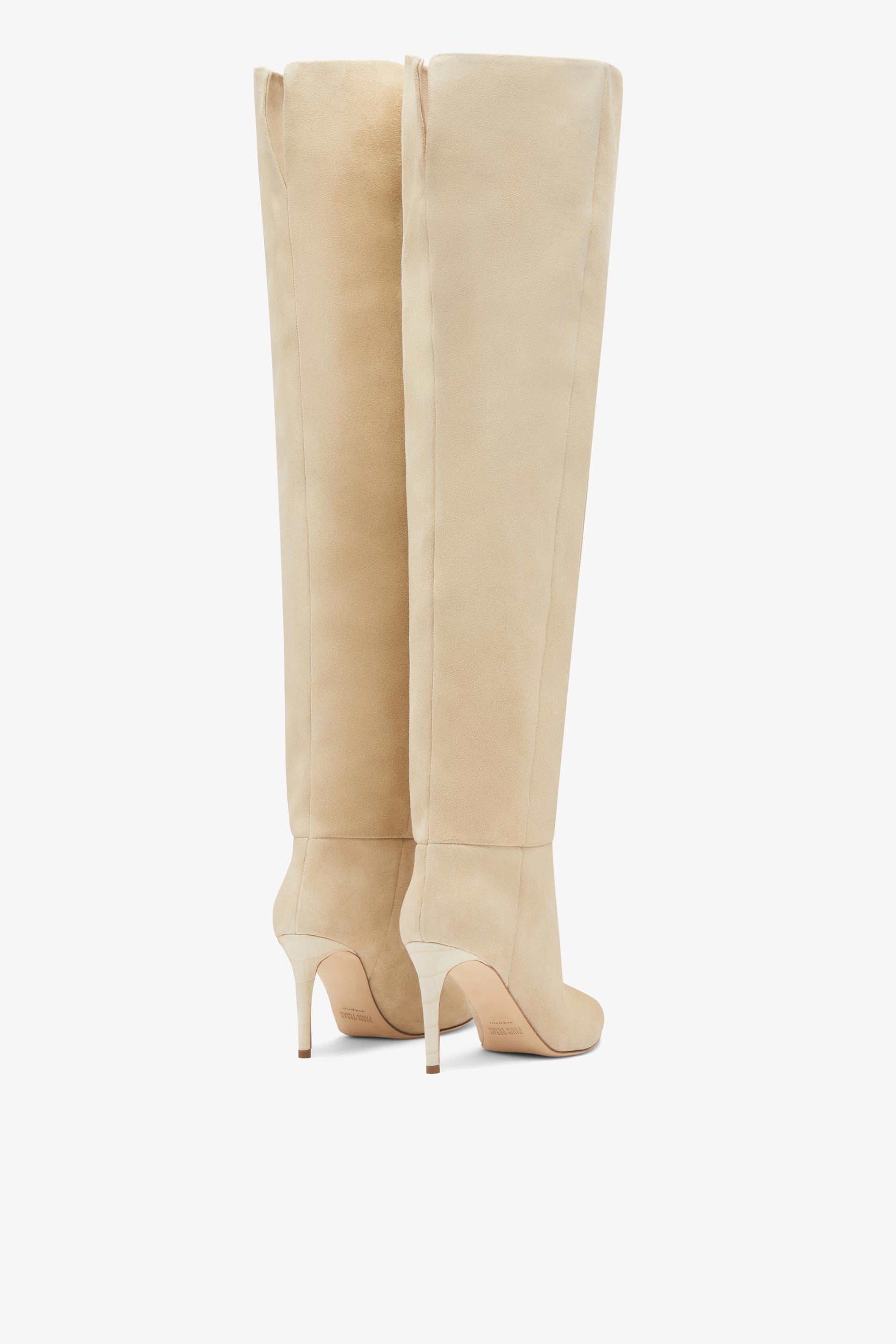 Overknee-Stiefel aus angorafarbenem Kalbsveloursleder mit 85 mm-Absatz