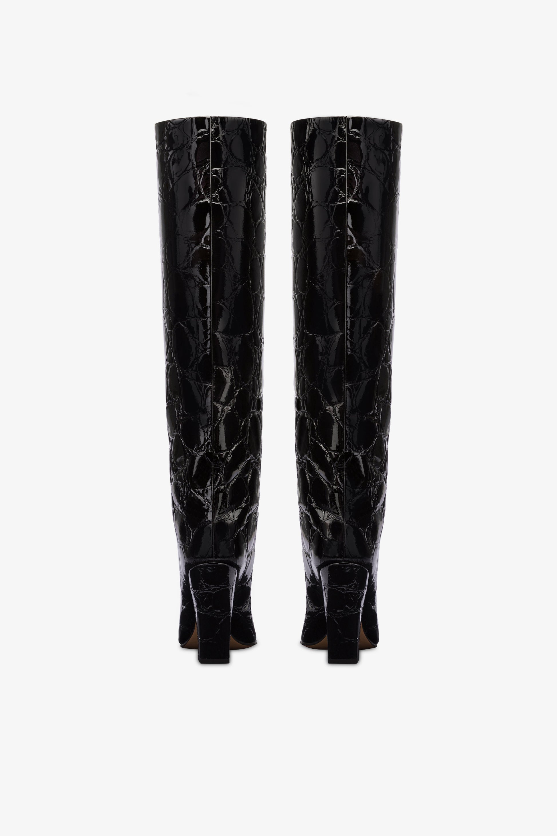 Knee-high boots in black patent soft croco-embossed leather