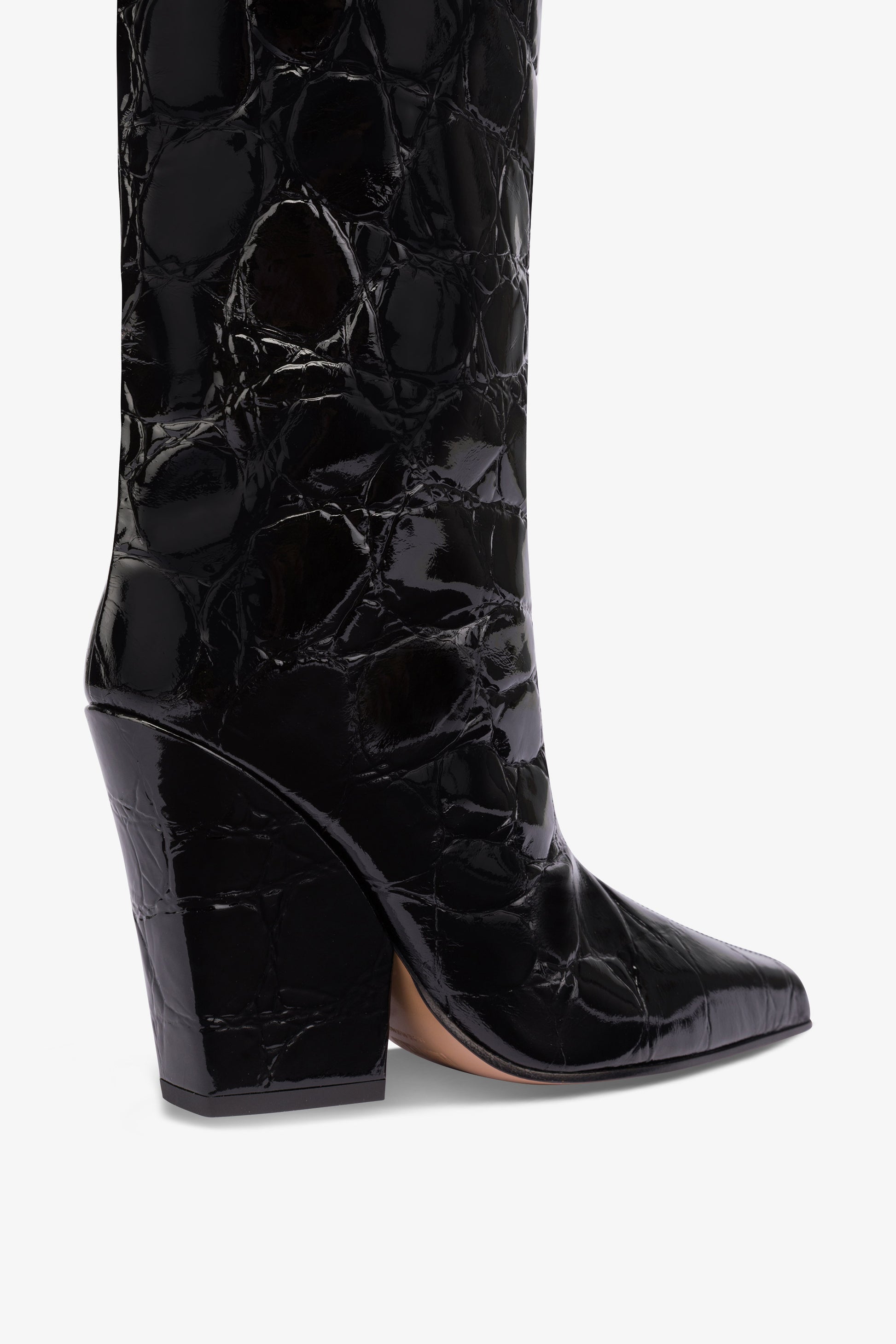 Knee-high boots in black patent soft croco-embossed leather