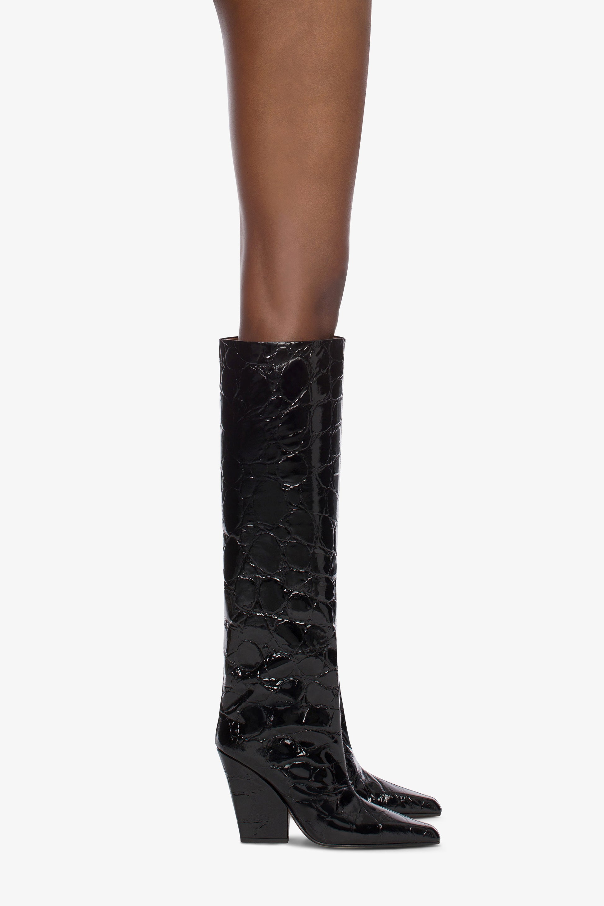 Knee-high boots in black patent soft croco-embossed leather - Produit porté