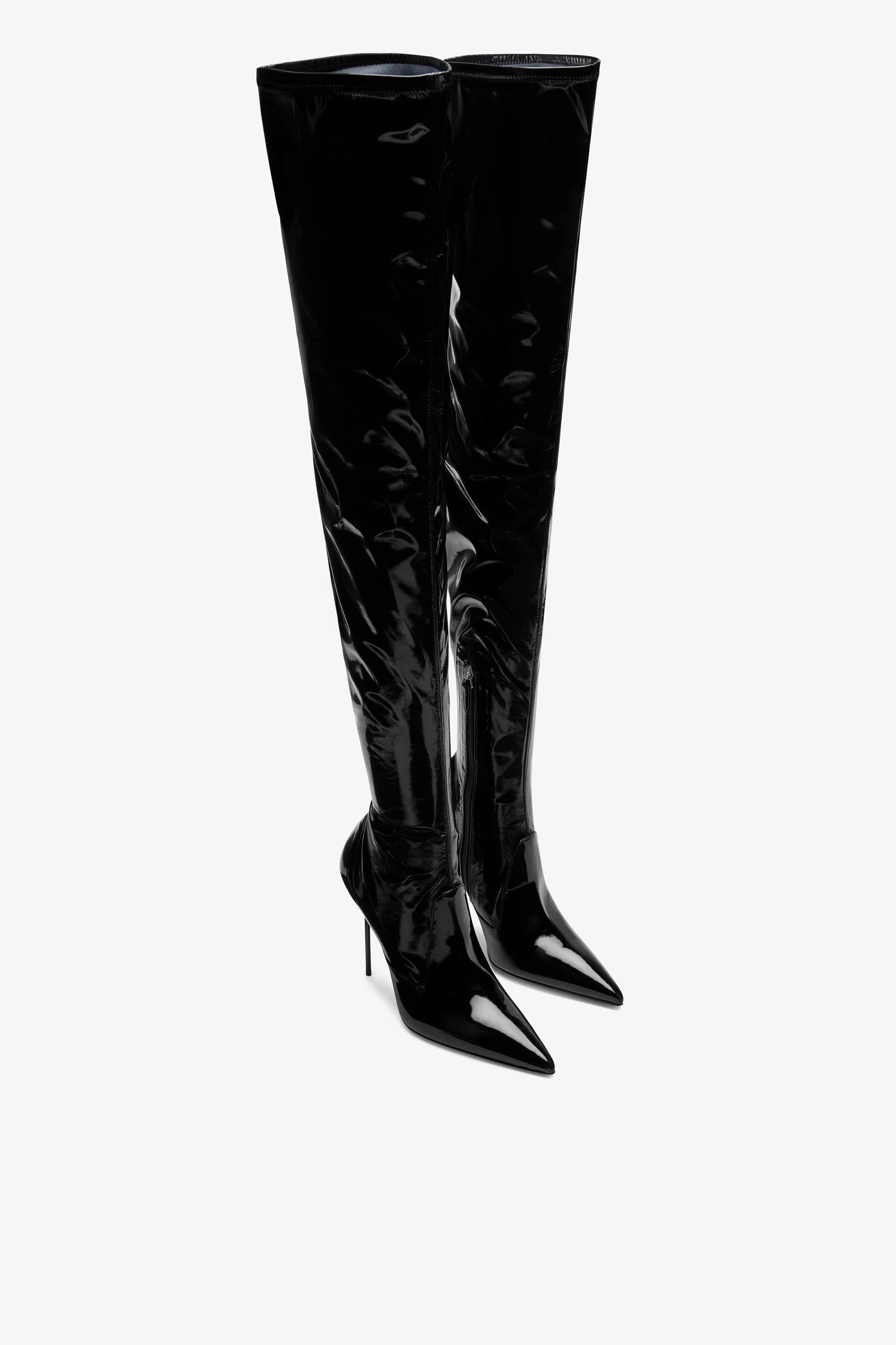 Black latex over hot sale the knee boots