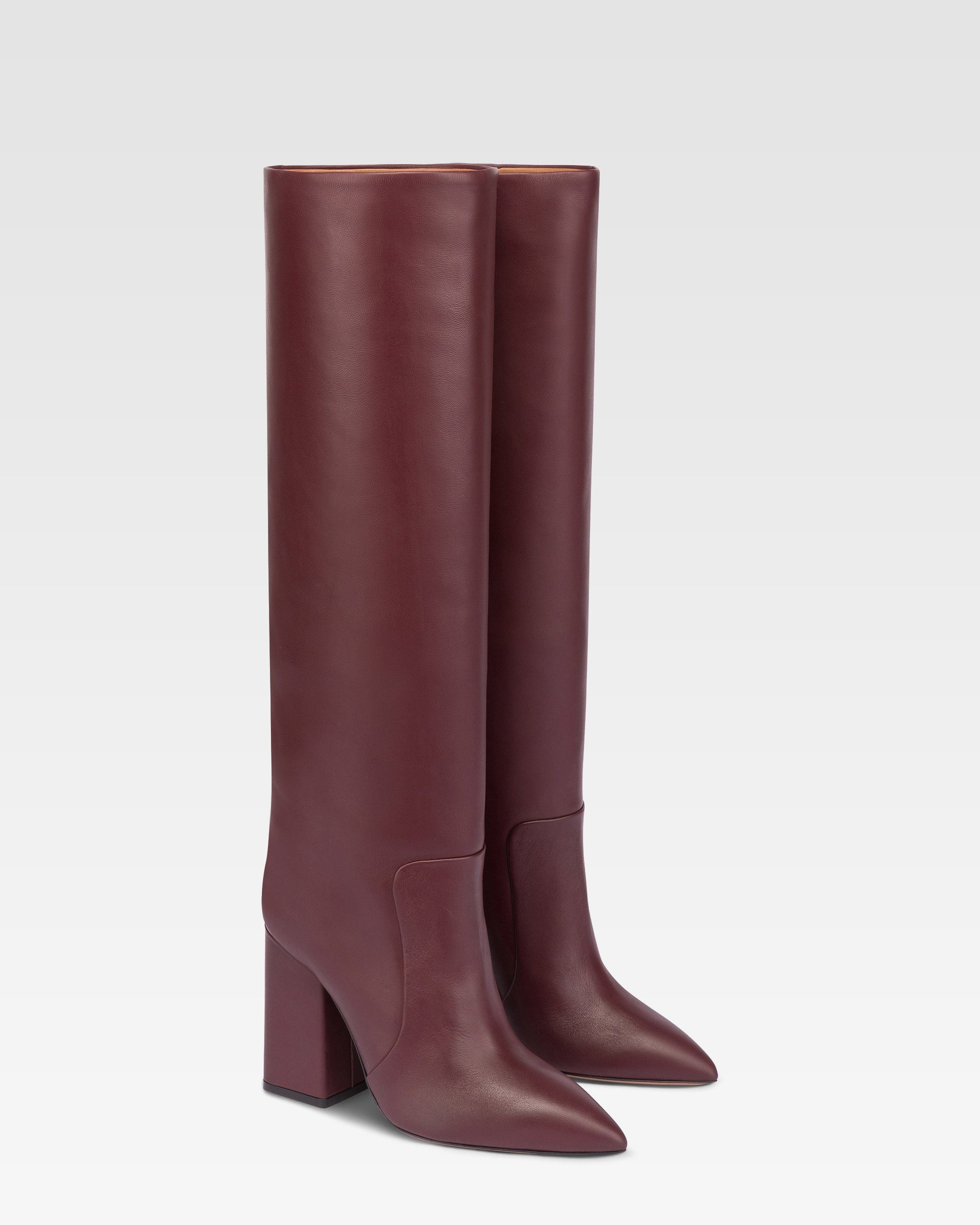 Bottes a hauteur de genou en cuir lisse bordeaux