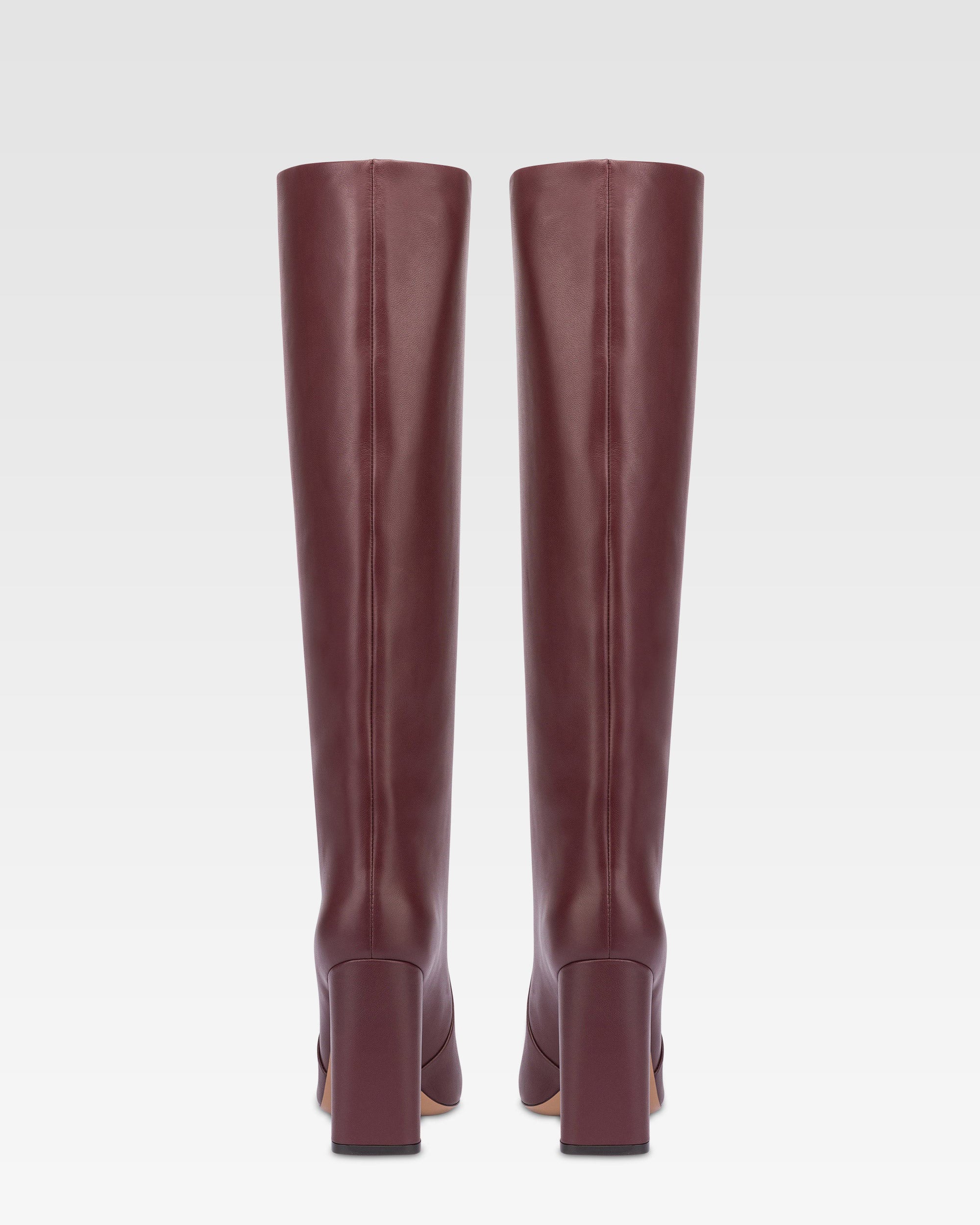 Bottes a hauteur de genou en cuir lisse bordeaux