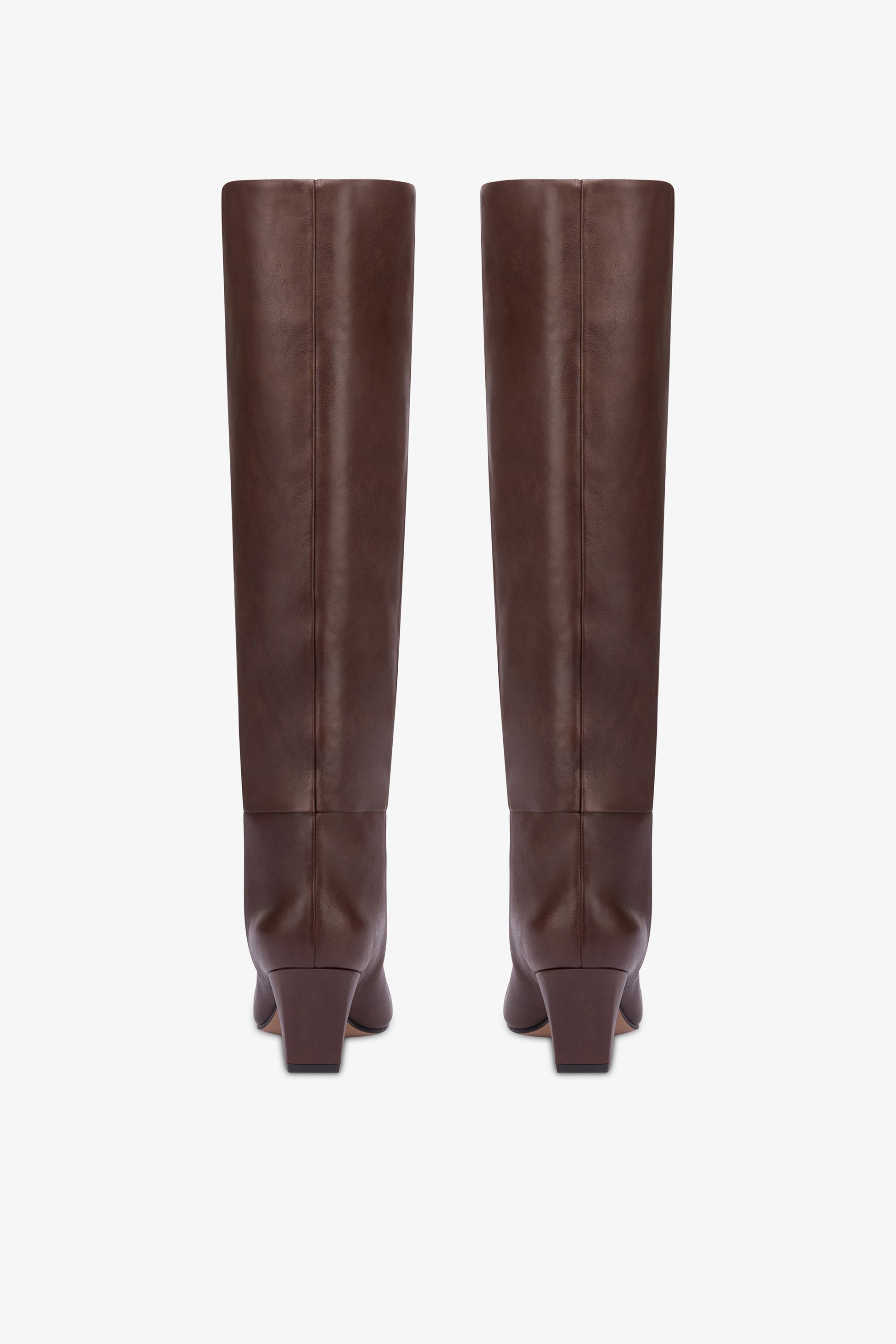 Knee-high, long pointed boot in supple mocha leather