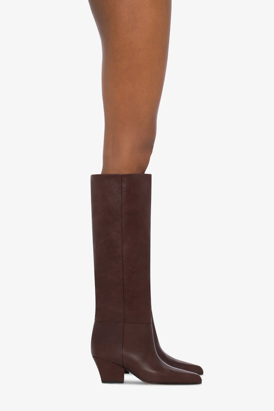 Knee-high, long pointed boot in supple mocha leather - Product worn