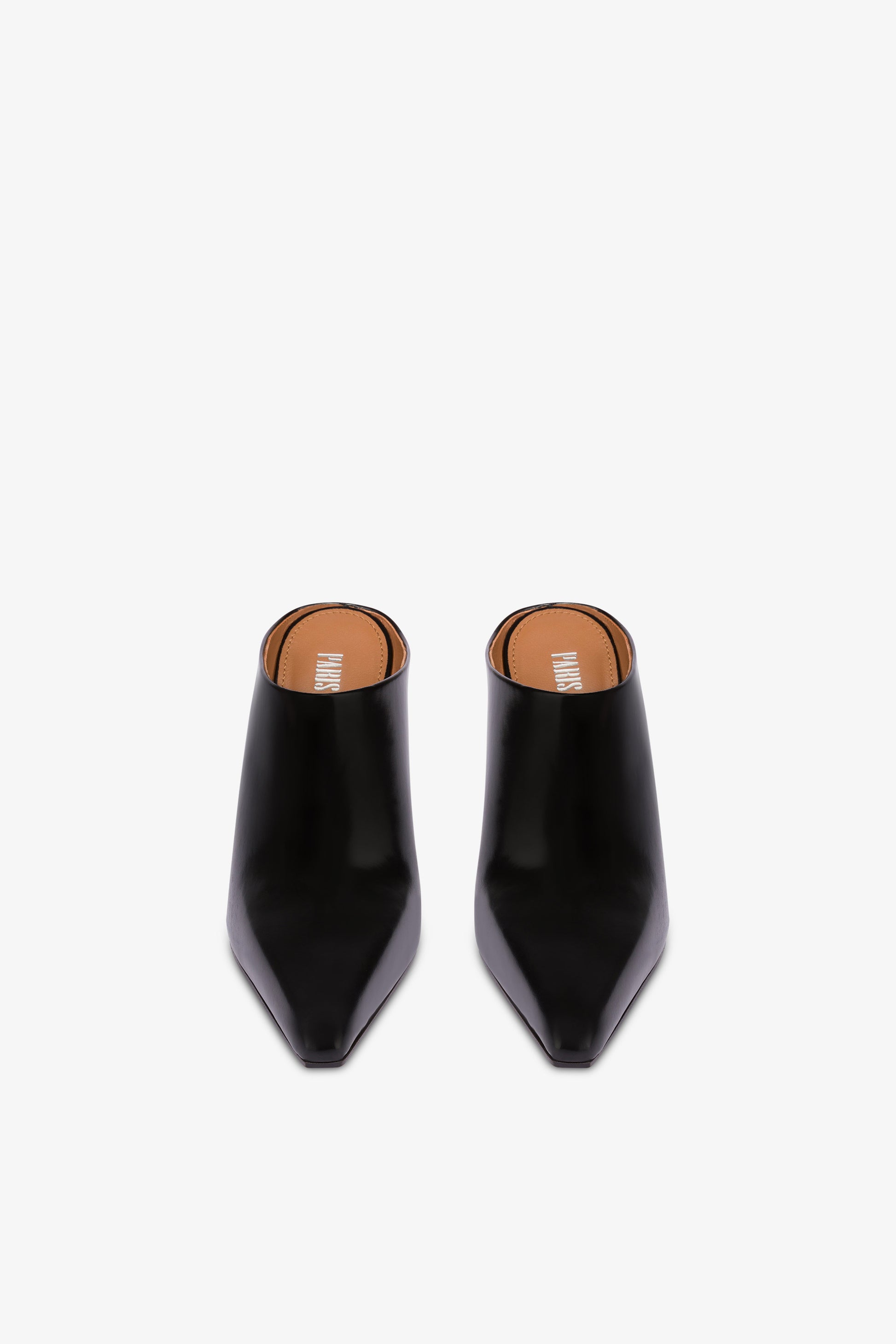Long, pointed mule boots in soft black brushed leather