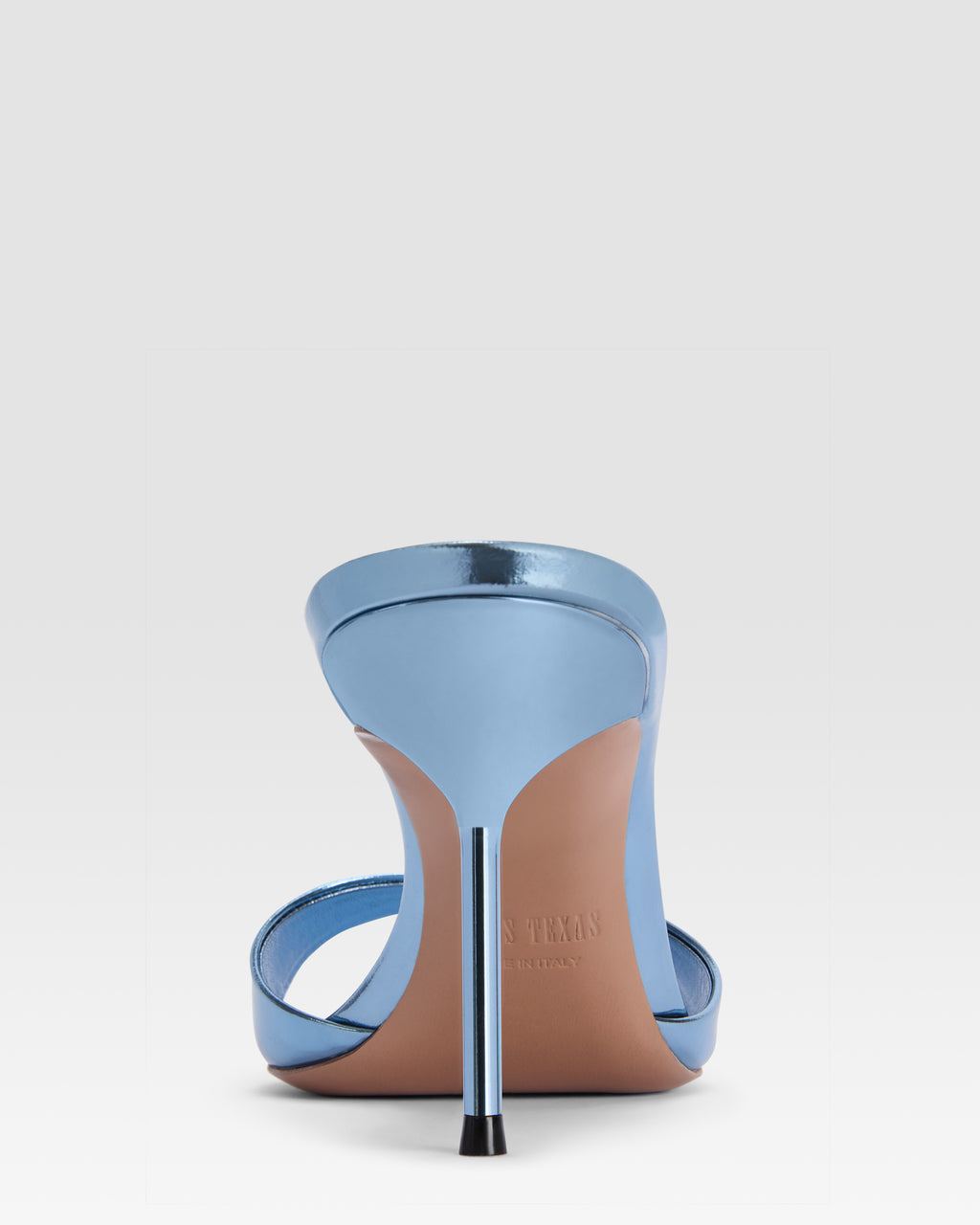 Mules in denim-colored, mirror-effect leather