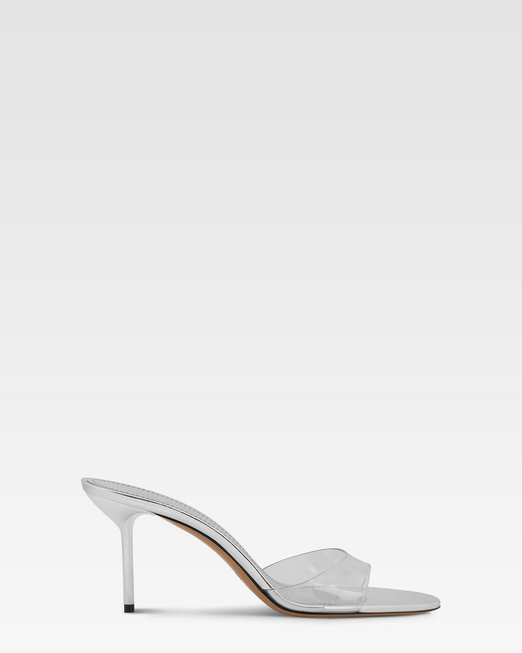 Almond-toe mules in supple silver PVC-mirror leather