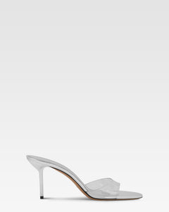 Almond-toe mules in supple silver PVC-mirror leather