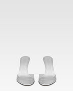 Almond-toe mules in supple silver PVC-mirror leather