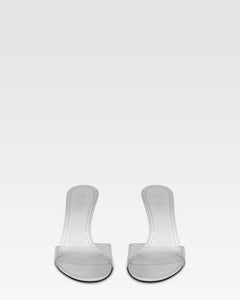 Almond-toe mules in supple silver PVC-mirror leather