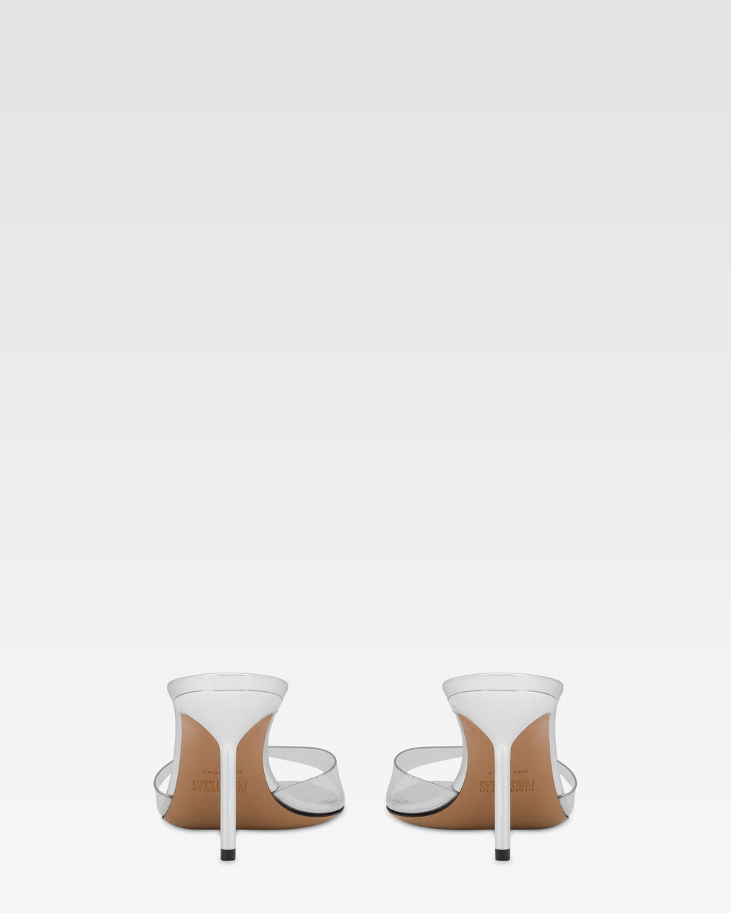 Almond-toe mules in supple silver PVC-mirror leather