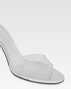 Almond-toe mules in supple silver PVC-mirror leather