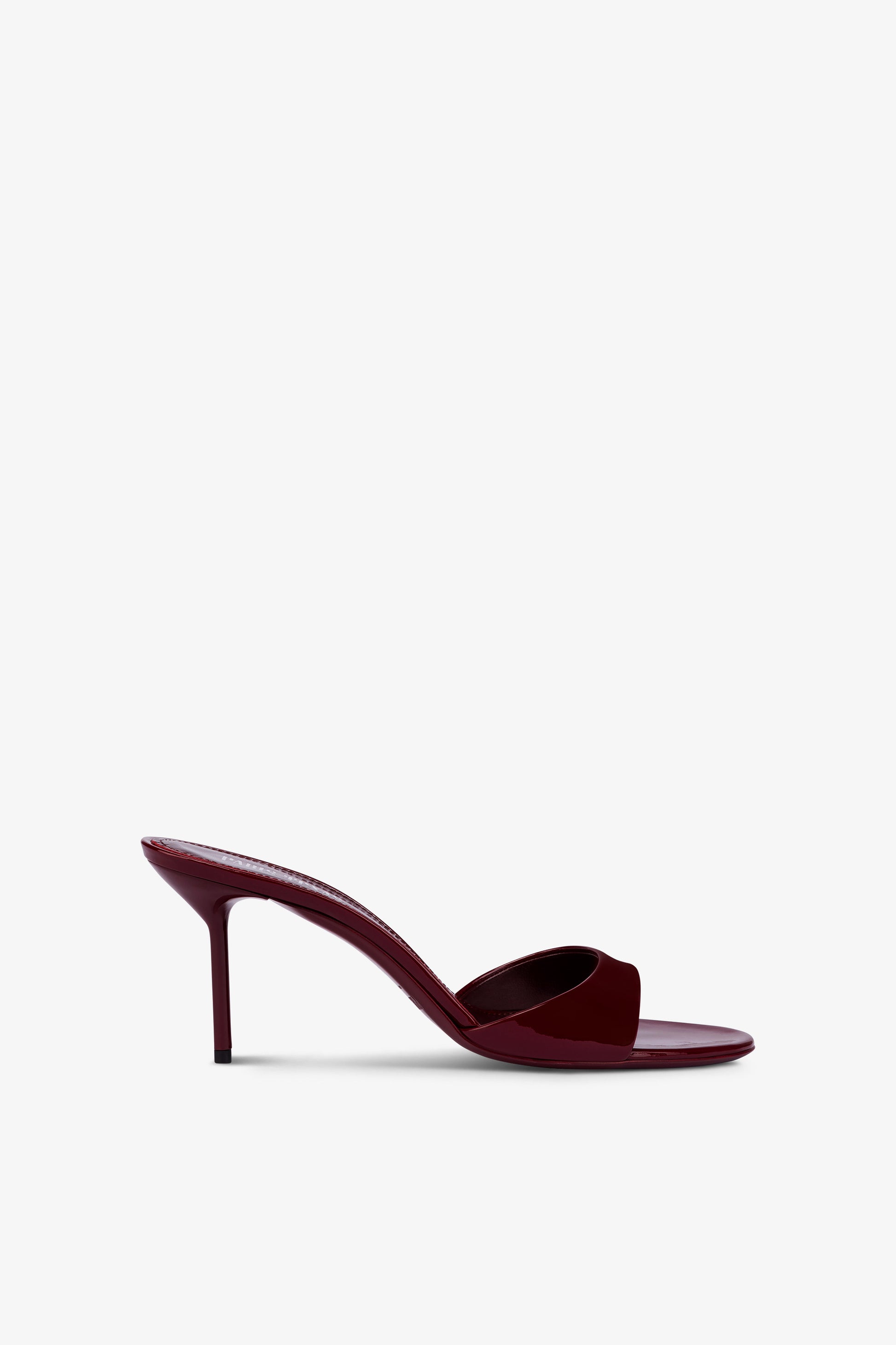Almond-toe mules in patent rouge noir leather