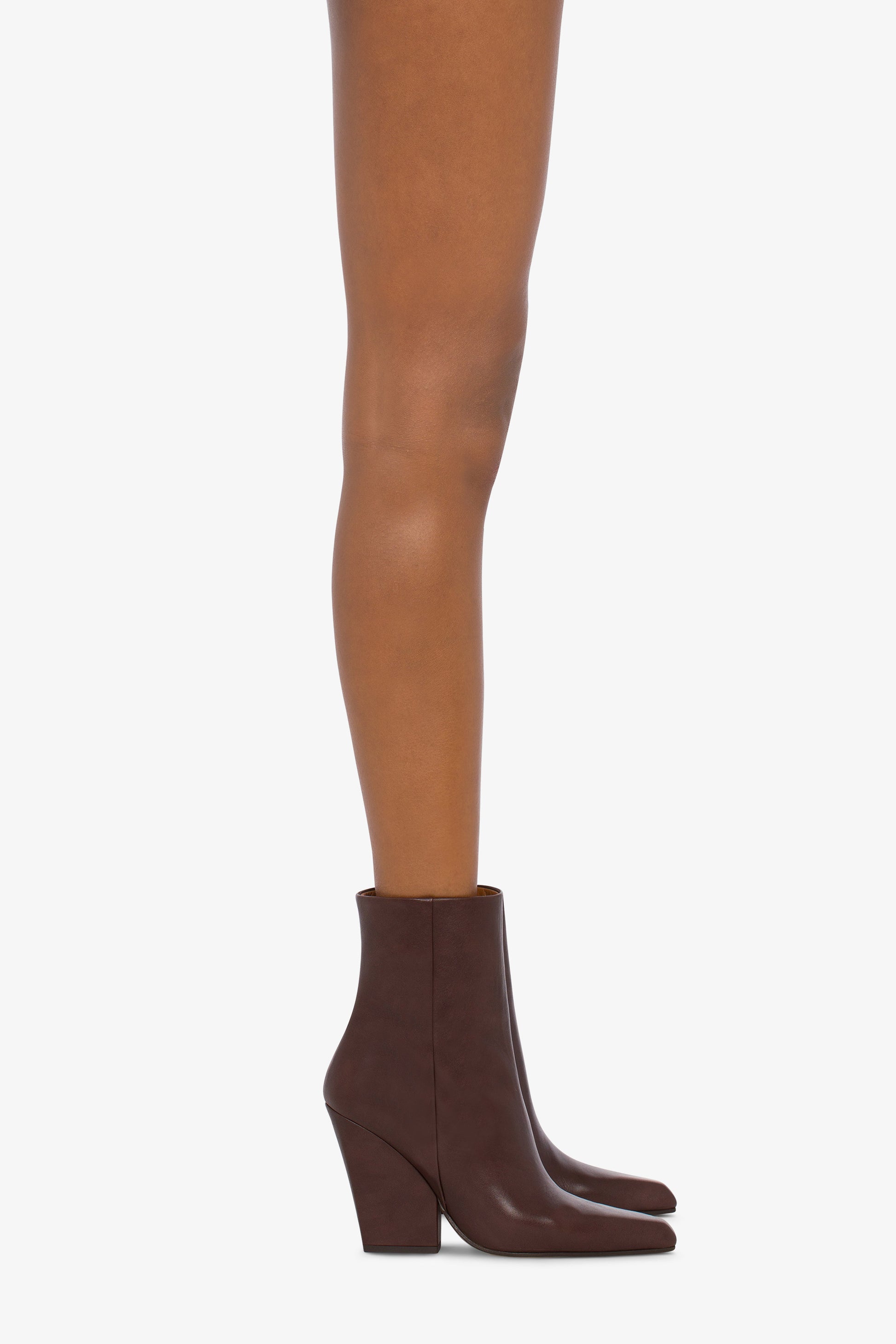 Pointed ankle boots in smooth mocha leather - Product worn