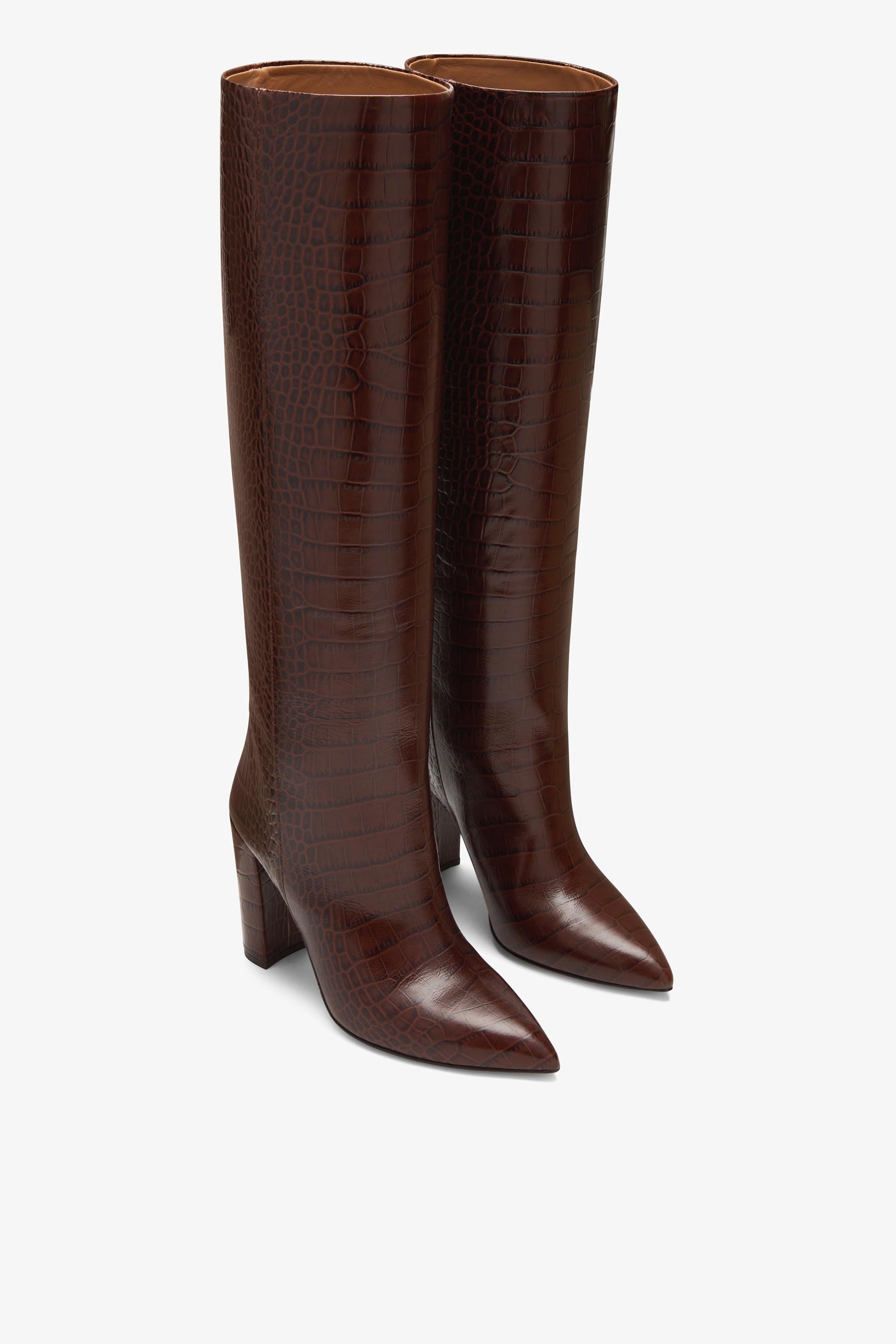 Chocolate brown croc-effect leather boots