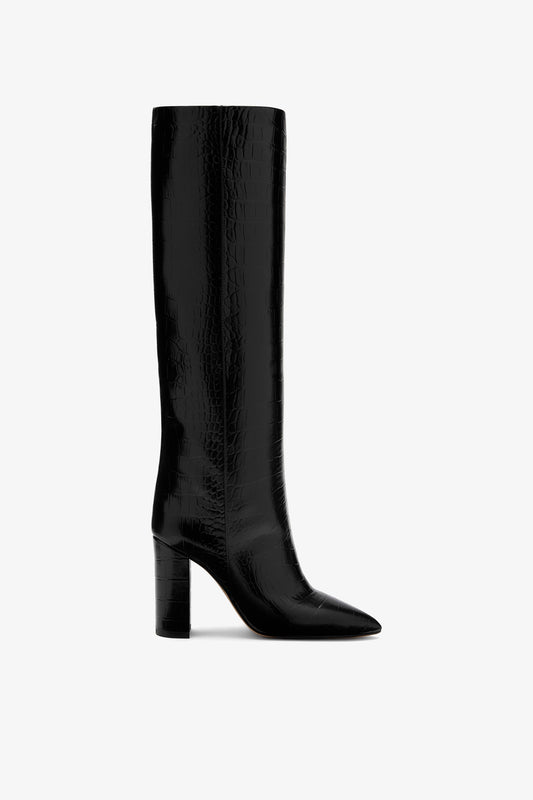 Black croc-effect leather boots
