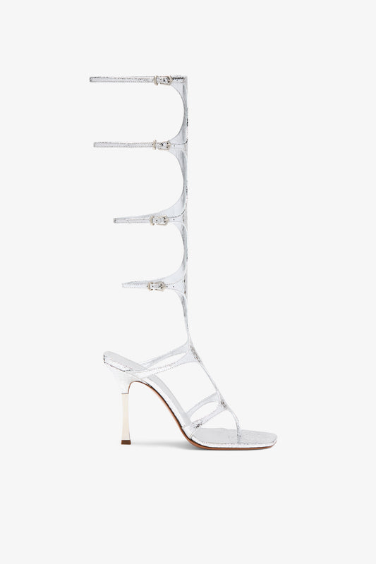 Silver embossed leather knee-high sandal
