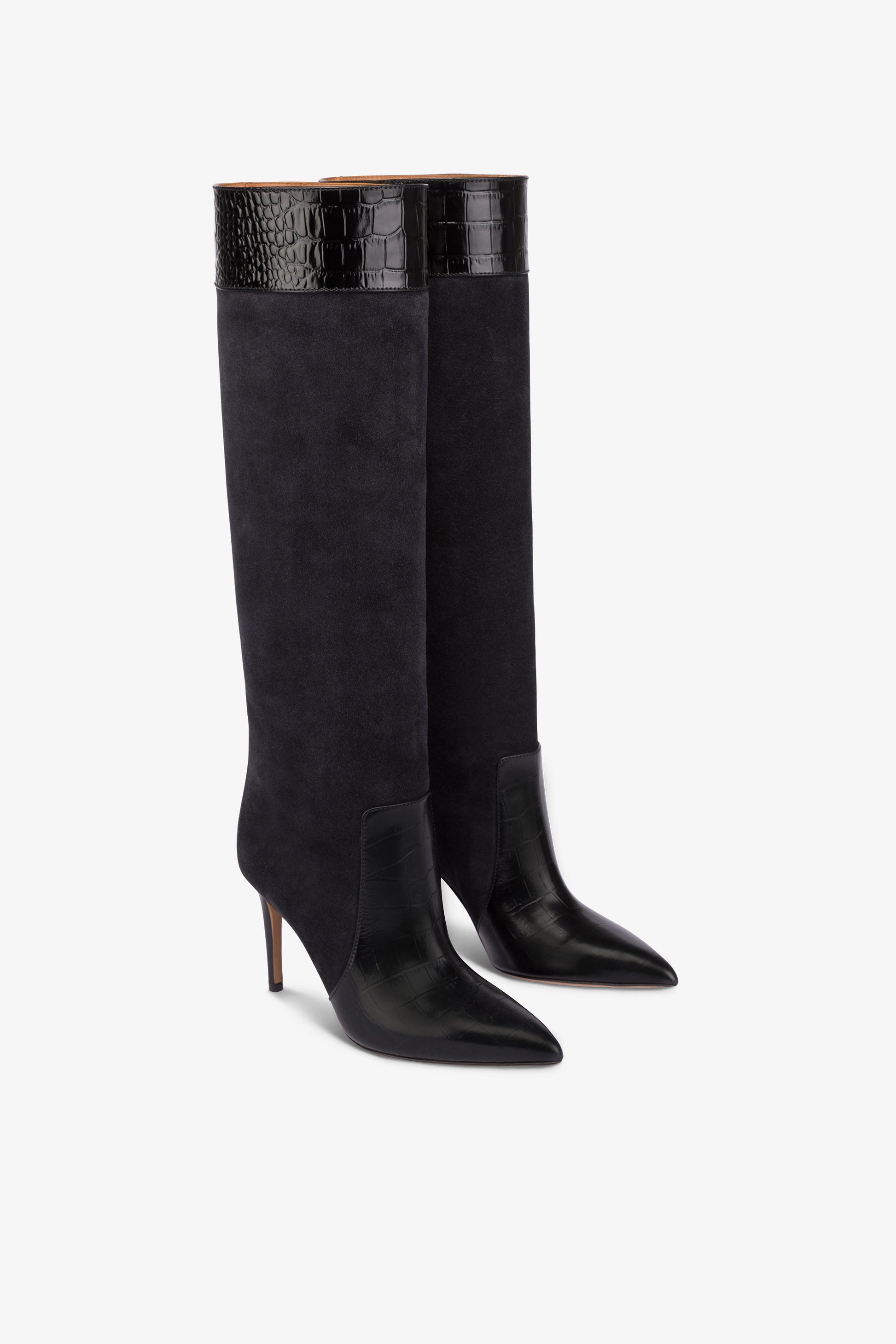Long, pointed boots in black and off-black croco-embossed and suede
