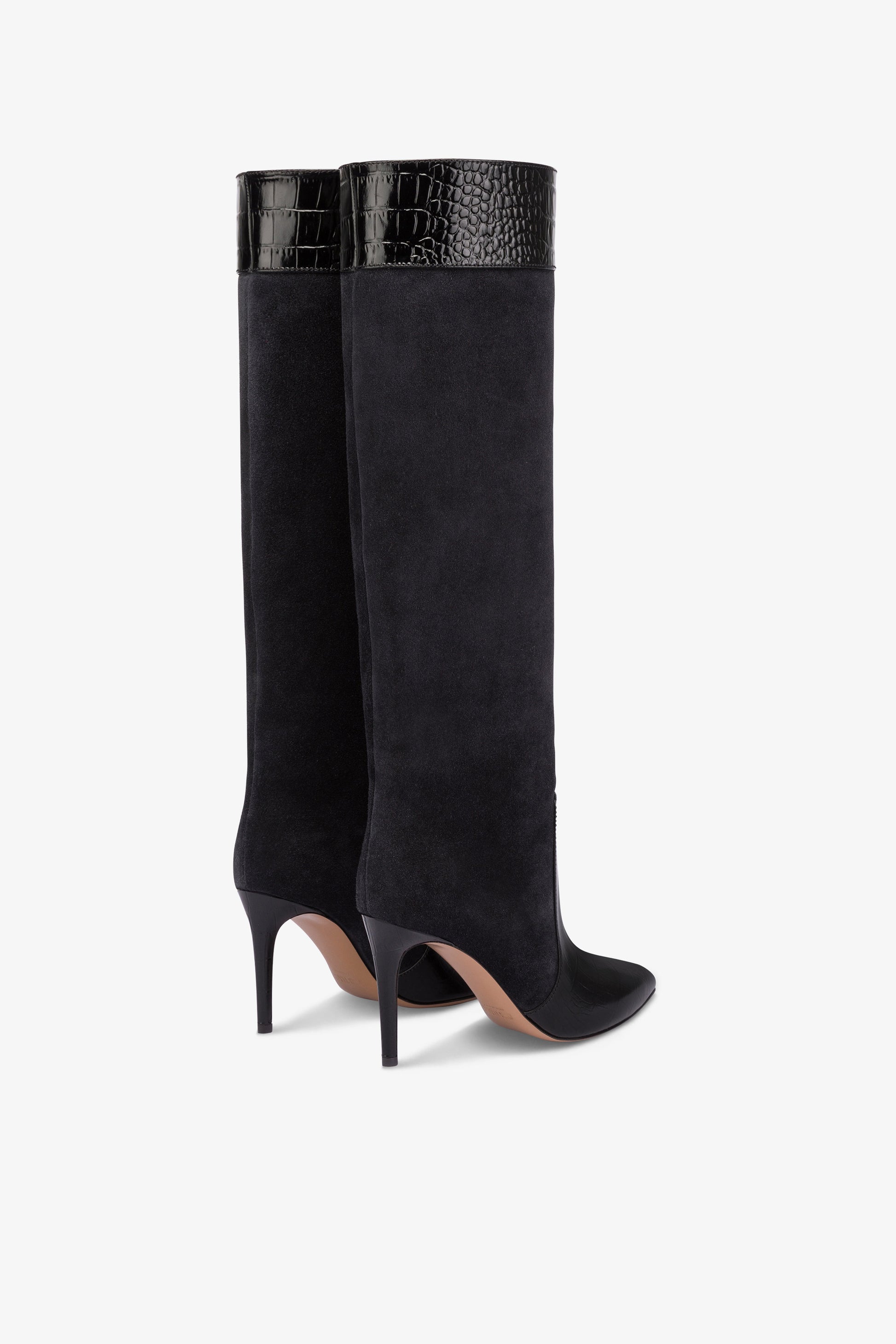 Long, pointed boots in black and off-black croco-embossed and suede