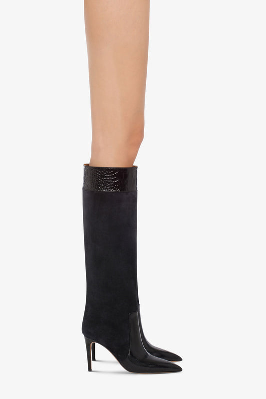 Long, pointed boots in black and off-black croco-embossed and suede - Producto usado