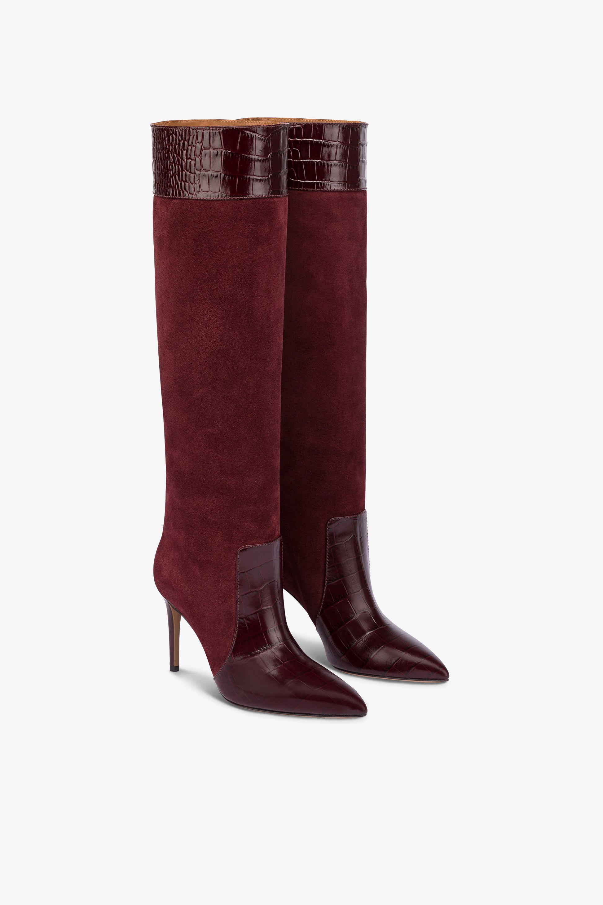 Long, pointed boots in rouge noir and Kenya croco-embossed and suede