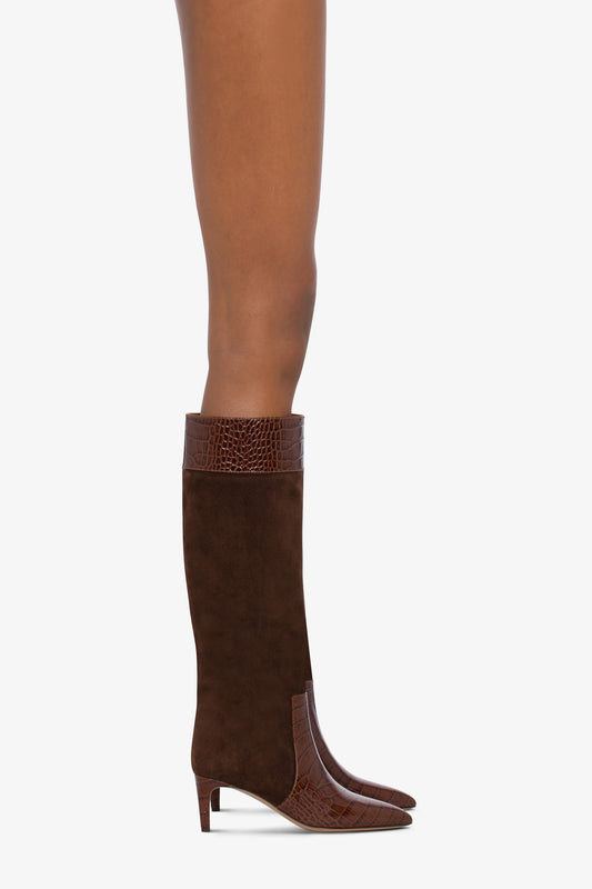 Long, pointed boots in chocolate and pepper croco-embossed and suede - Product worn