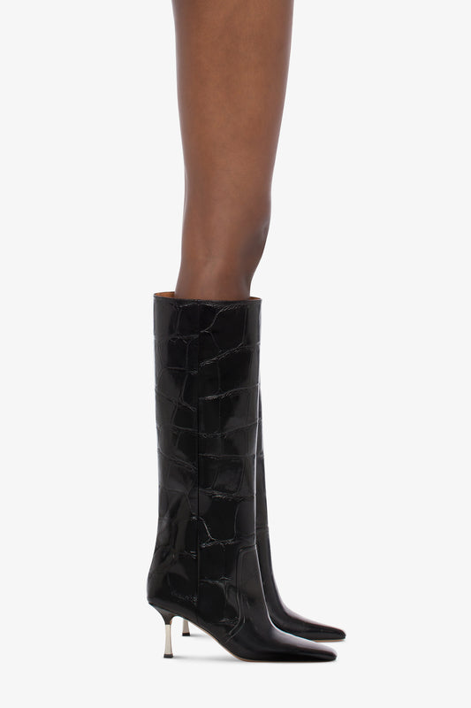 Long, pointed boots in black maxi soft croco-embossed leather - Product worn