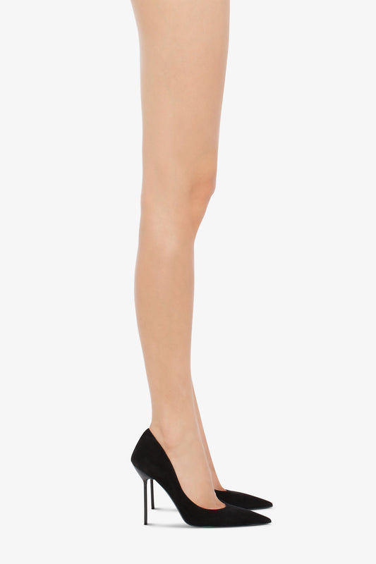 Pointed pumps in soft black suede leather - Product worn