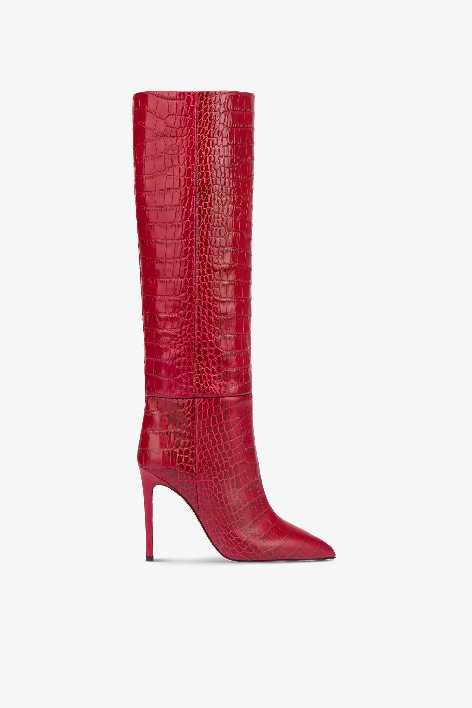 Pointed knee-high boots in red soft croco-embossed leather