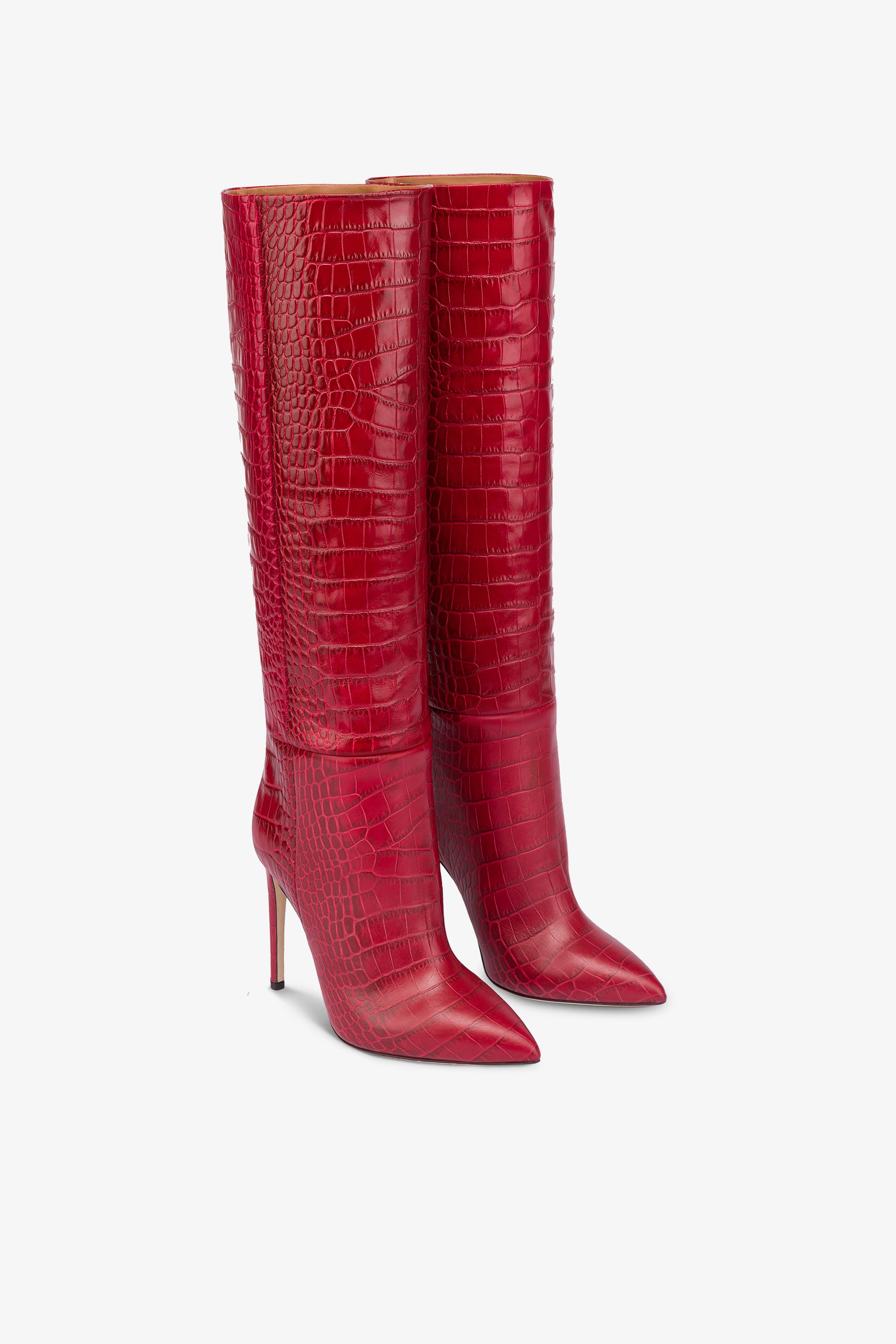 Pointed knee-high boots in red soft croco-embossed leather