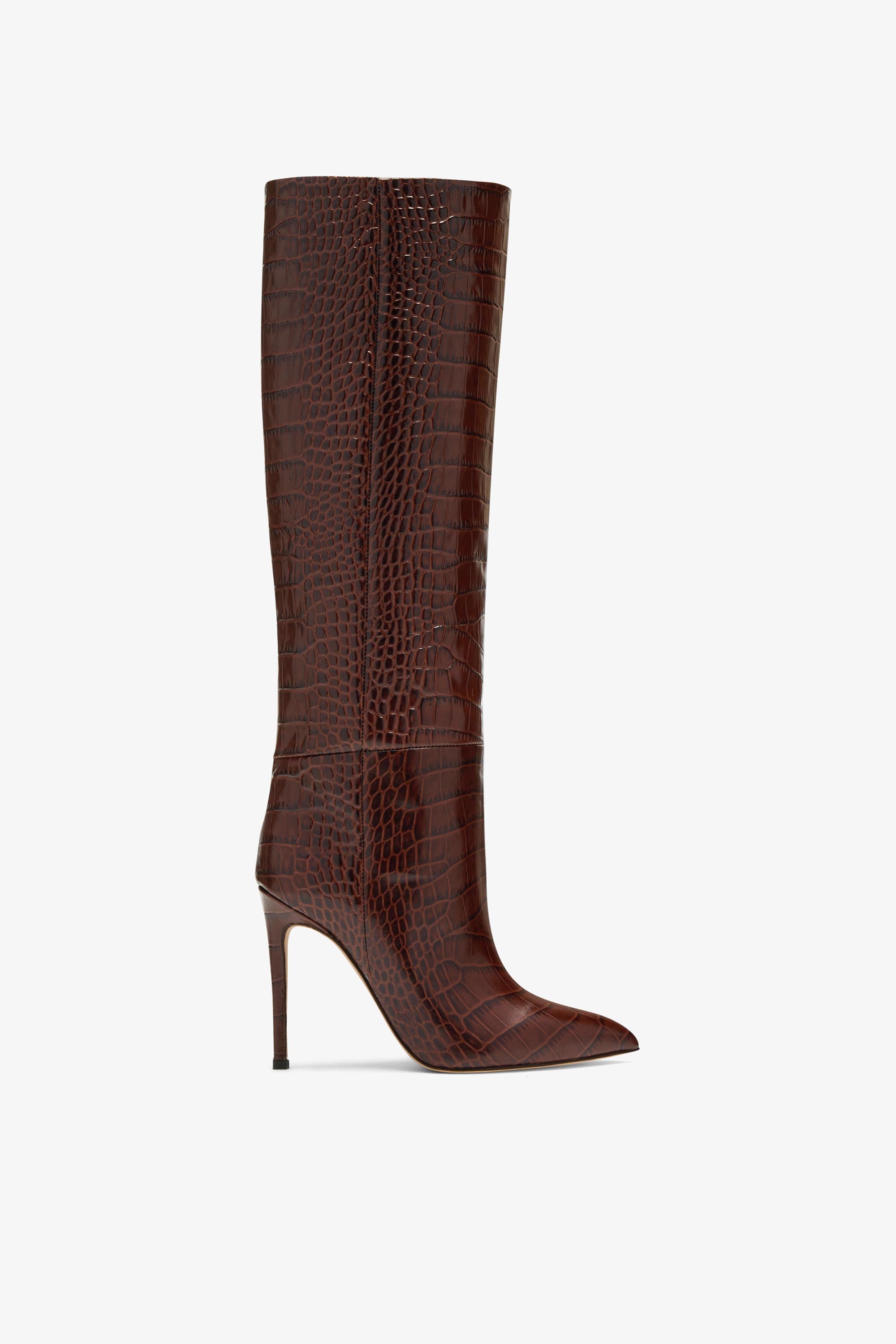 Chocolate brown croc-effect leather stiletto boots