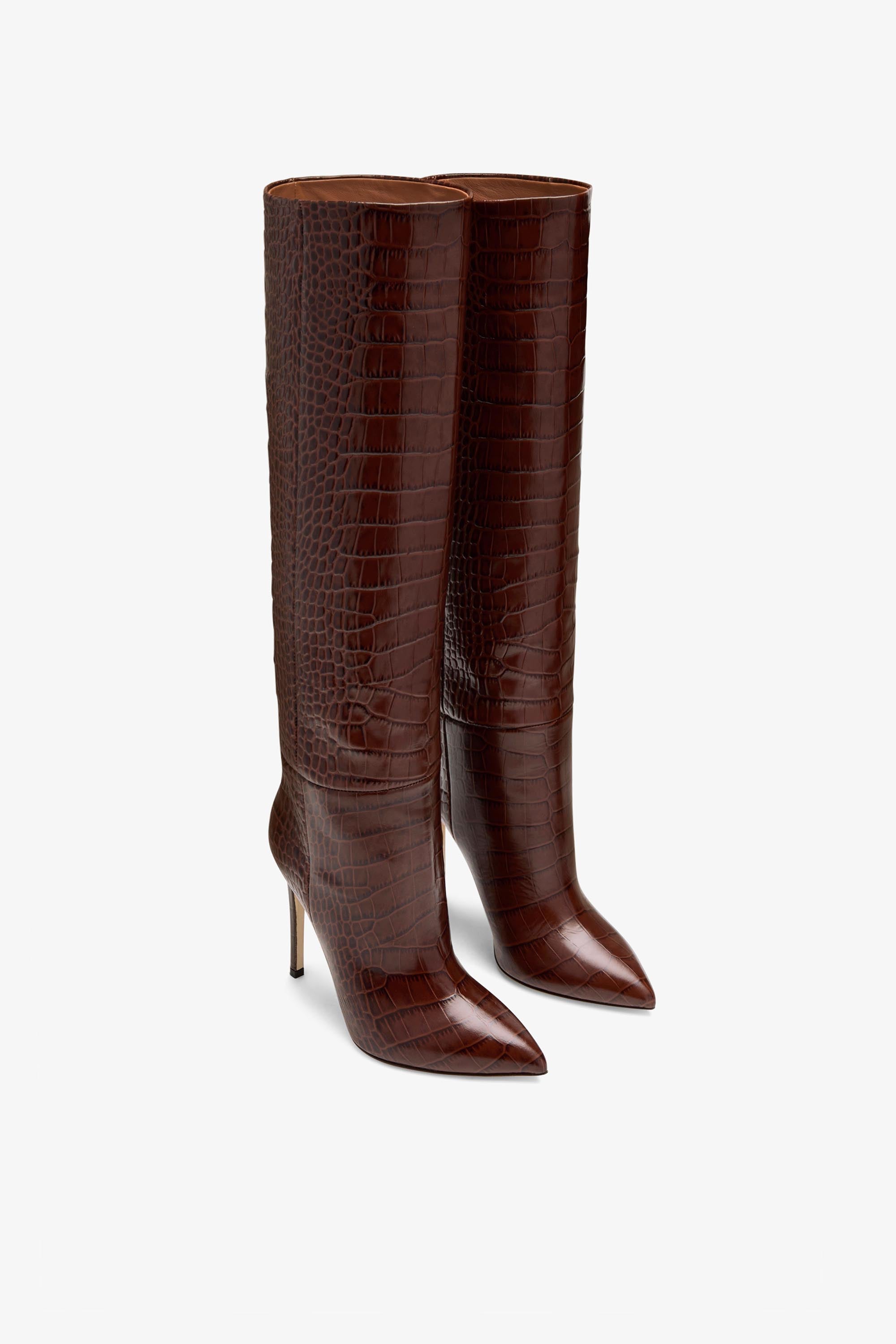 Chocolate brown croc-effect leather stiletto boots