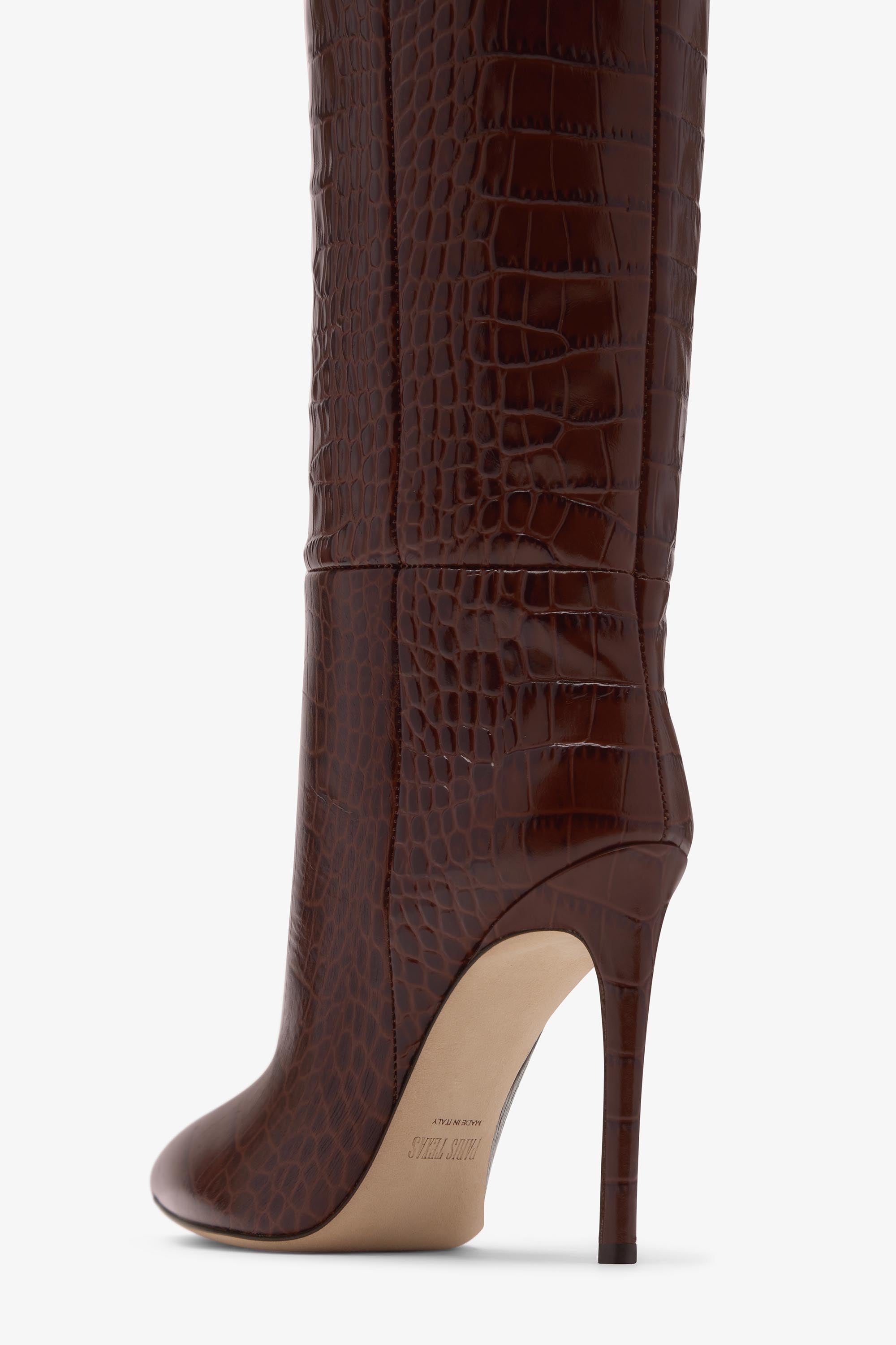 Chocolate brown croc-effect leather stiletto boots