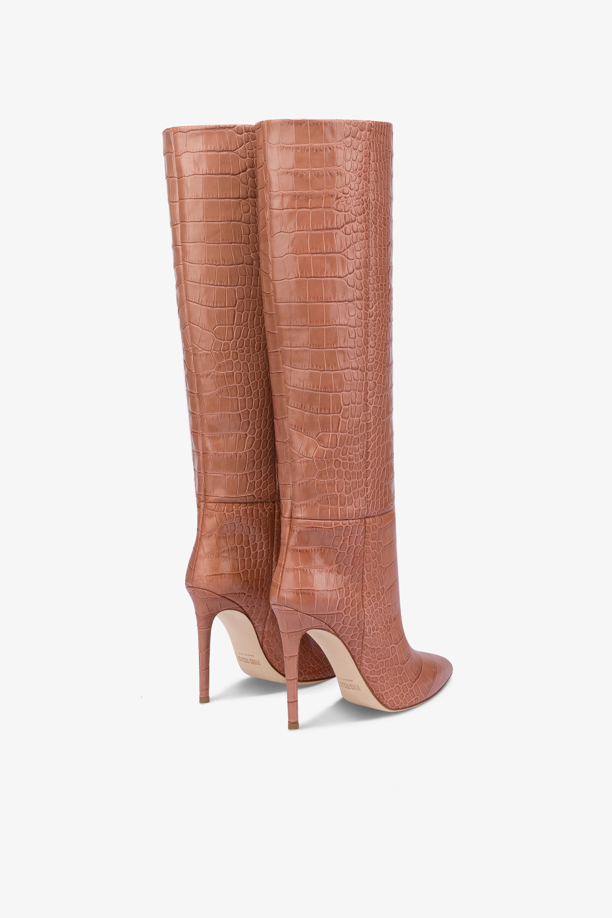Pointed knee-high boots in Texas pink soft croco-embossed leather