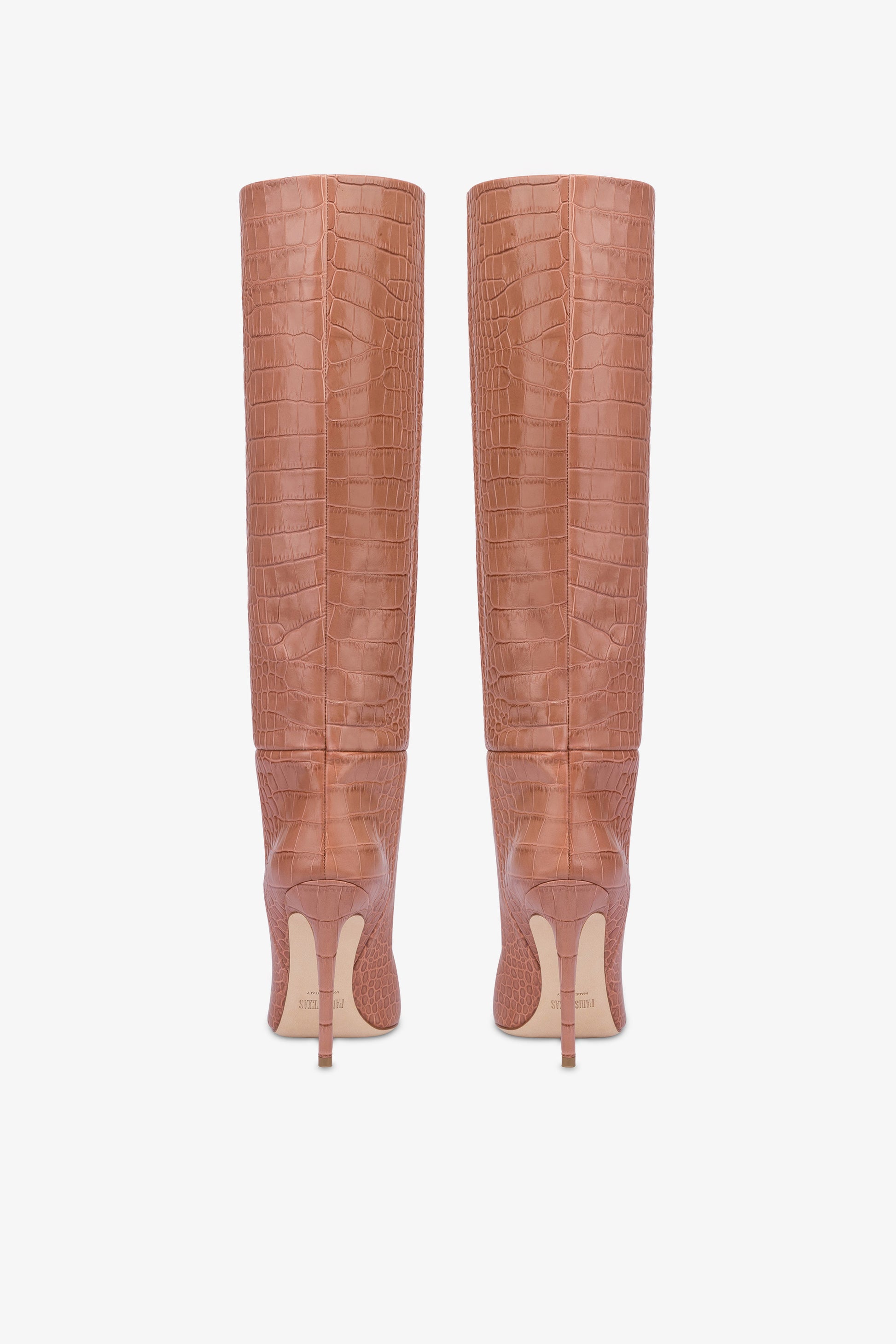 Pointed knee-high boots in Texas pink soft croco-embossed leather
