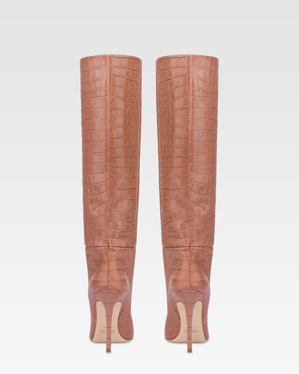 Spitz zulaufende, kniehohe Stiefel aus weichem Leder mit Kroko-Pragung in Texas Pink